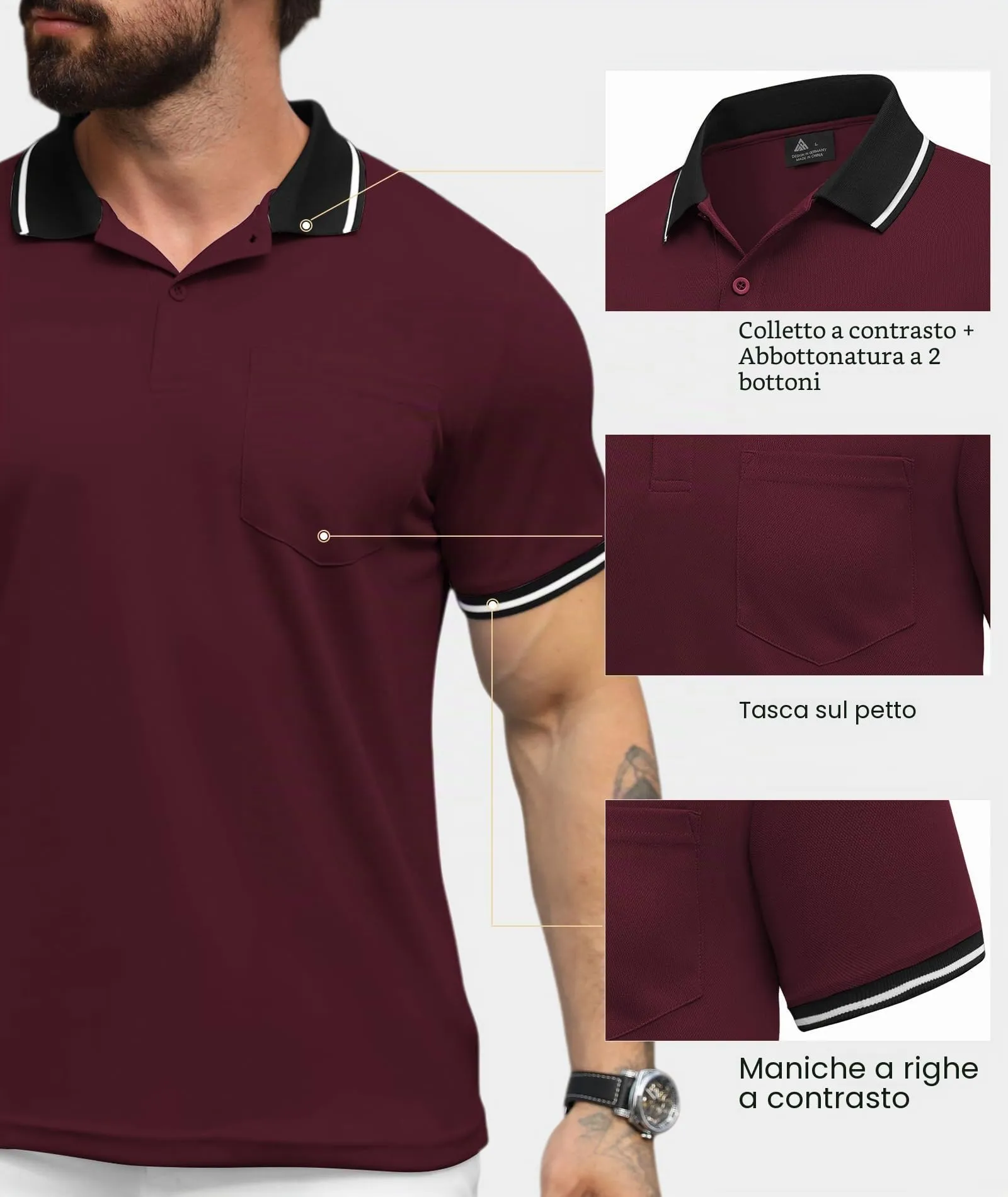 ZITY Polo Uomo Manica Corta Traspirante Borgogna XL - immagine 4