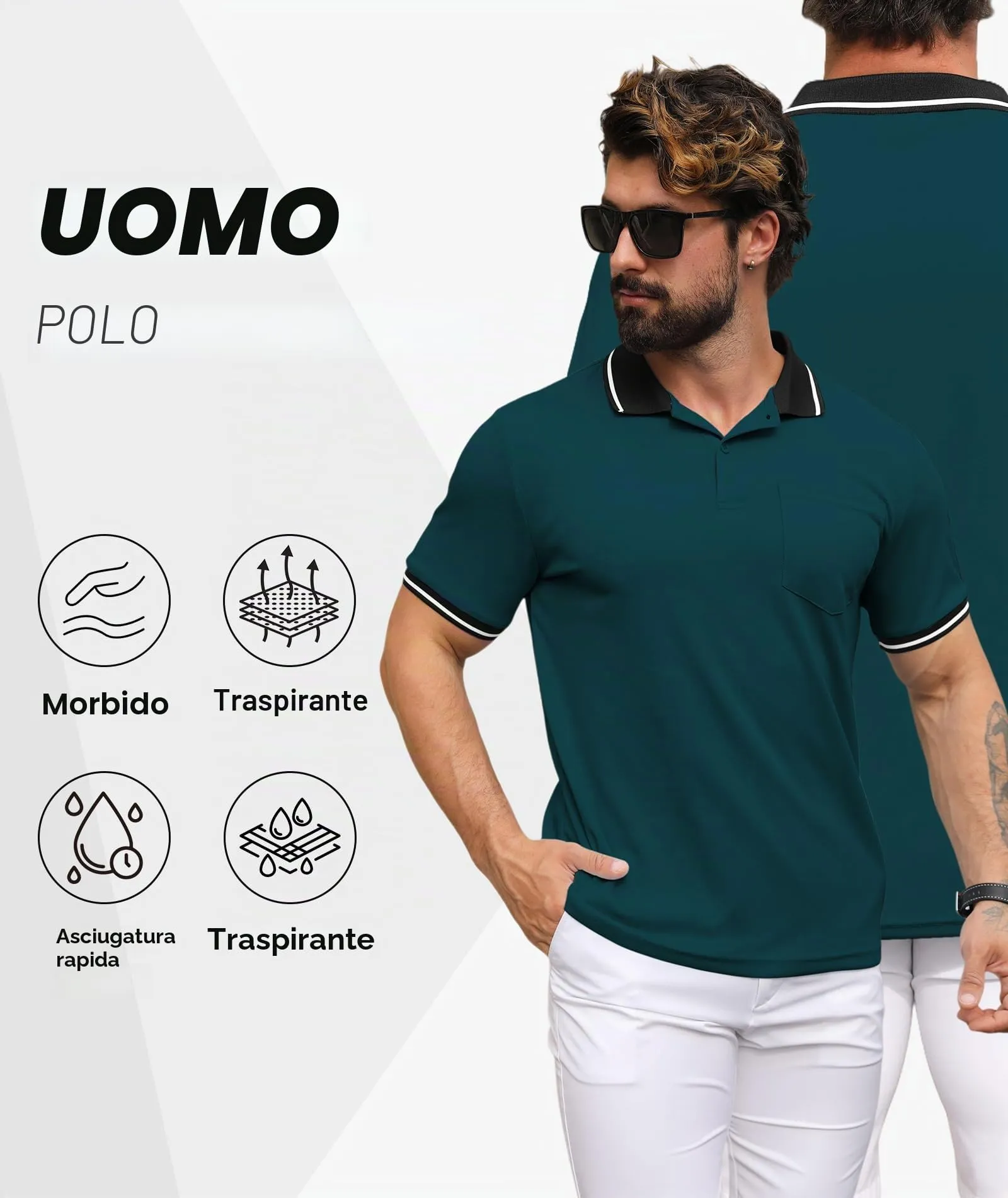 ZITY Polo Uomo Manica Corta Traspirante Verde Petrolio L - immagine 3