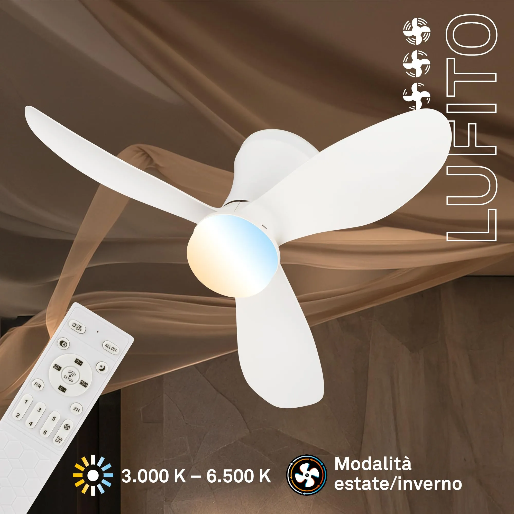 Briloner Ventilatore da soffitto con luce LED, motore DC, telecomando, 78 cm, bianco - immagine 2