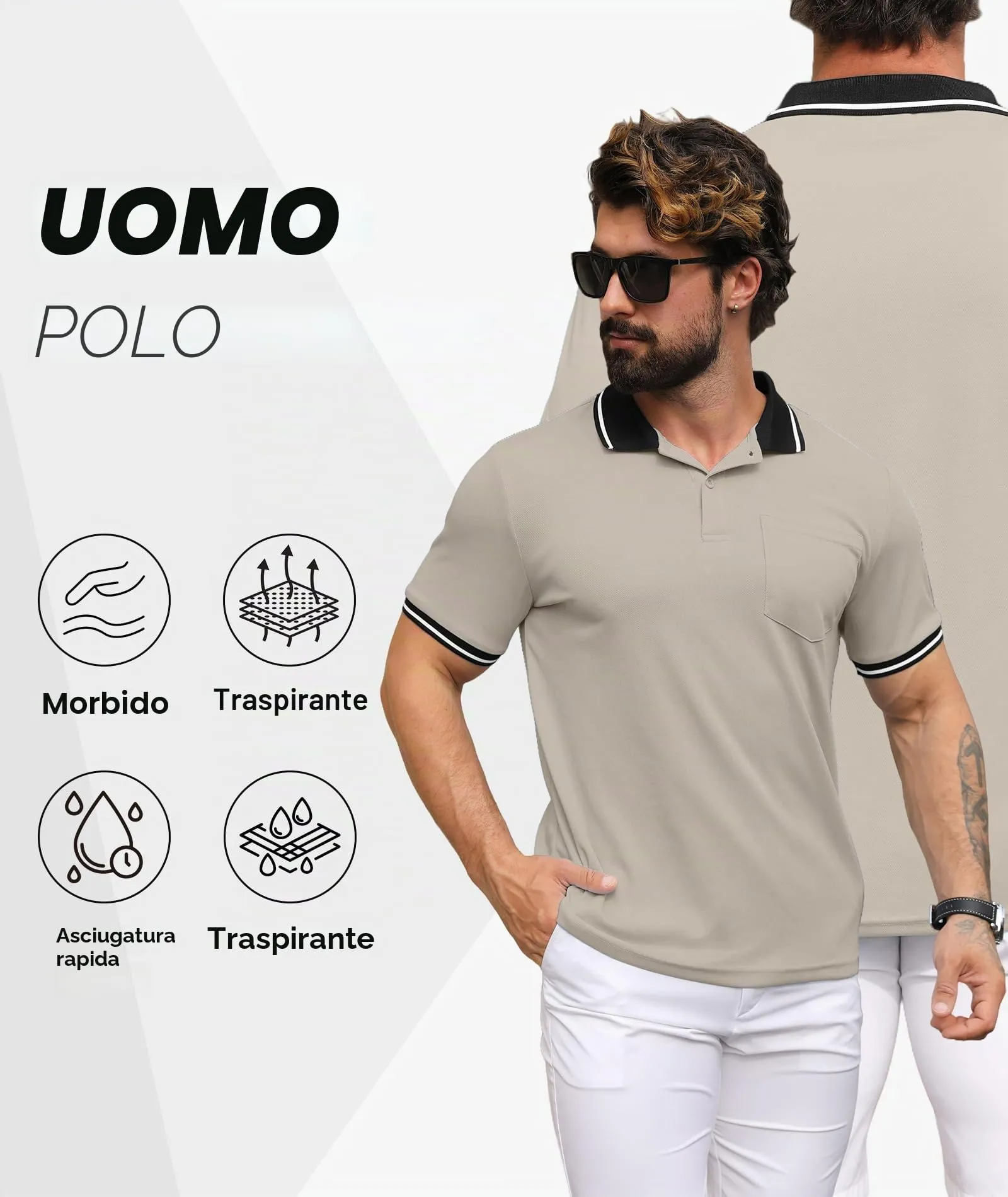 ZITY Polo Uomo Manica Corta Traspirante Beige XL - immagine 3