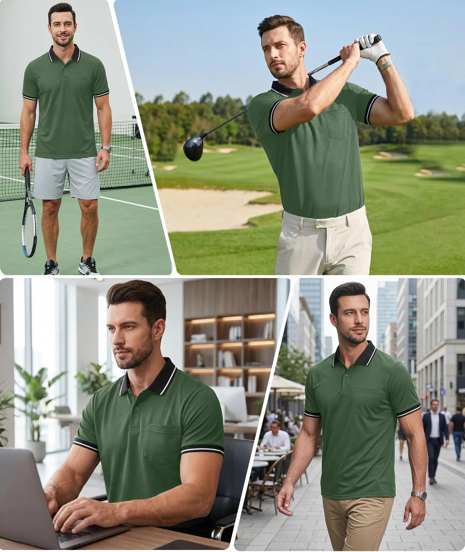 ZITY Polo Uomo Manica Corta Traspirante Verde Militare M - immagine 2