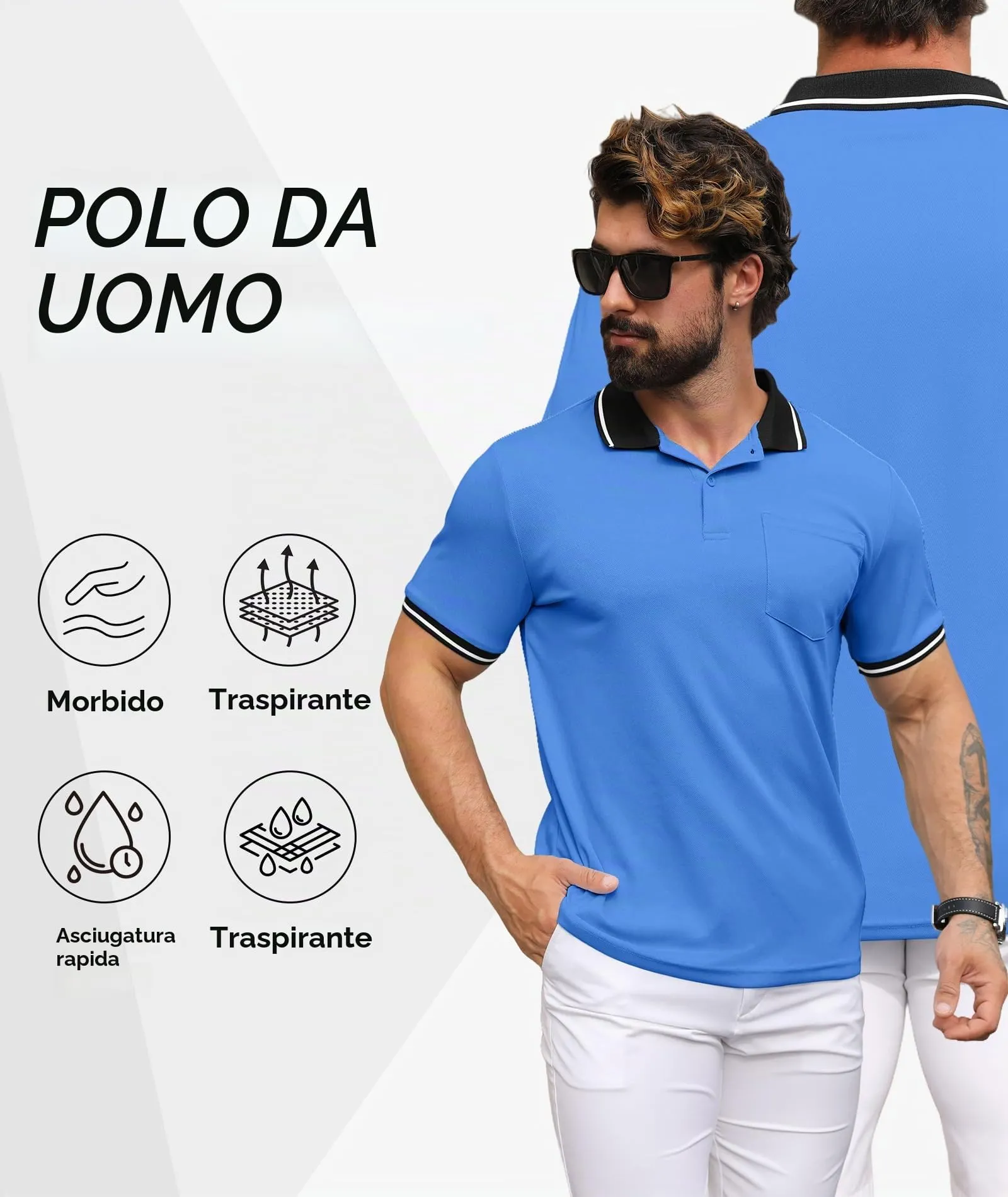 ZITY Polo Uomo Manica Corta Traspirante Azzurro M - immagine 3