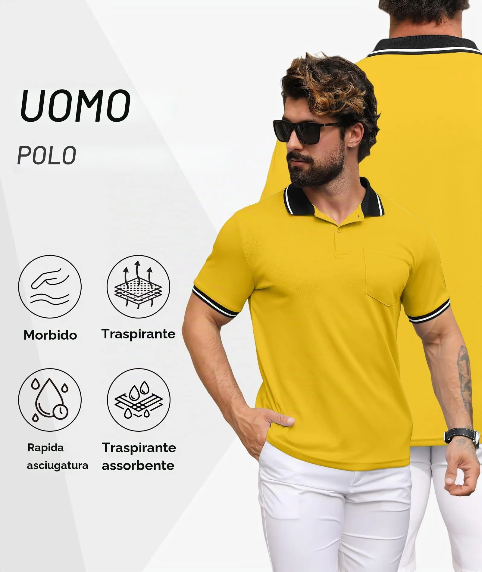 ZITY Polo Uomo Manica Corta Traspirante Giallo Scuro XXL - immagine 3