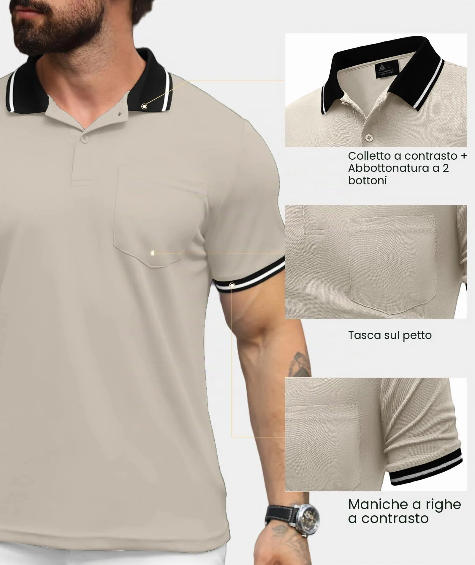 ZITY Polo Uomo Manica Corta Traspirante Beige 3XL - immagine 4