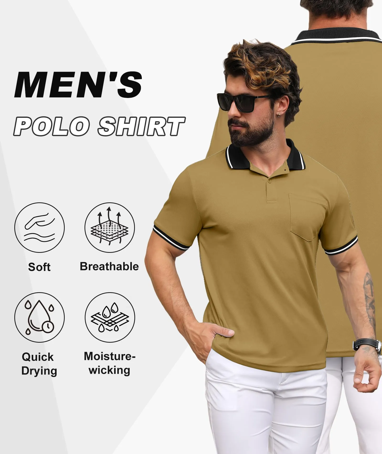 ZITY Polo Uomo Manica Corta Traspirante Kaki L - immagine 3