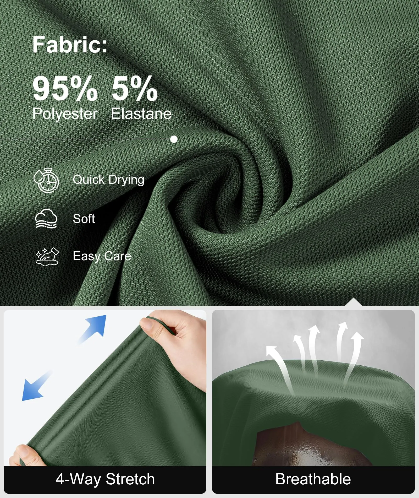 ZITY Polo Uomo Manica Corta Traspirante Verde Militare L - immagine 5