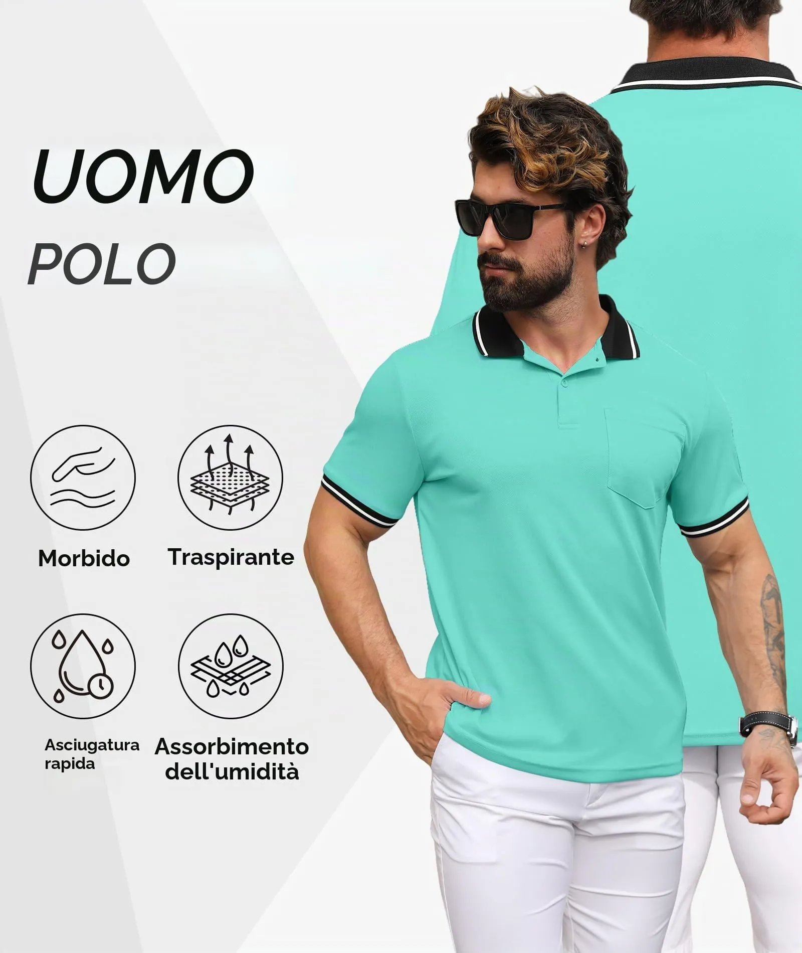 ZITY Polo Uomo Manica Corta Traspirante Blu Smeraldo M - immagine 3