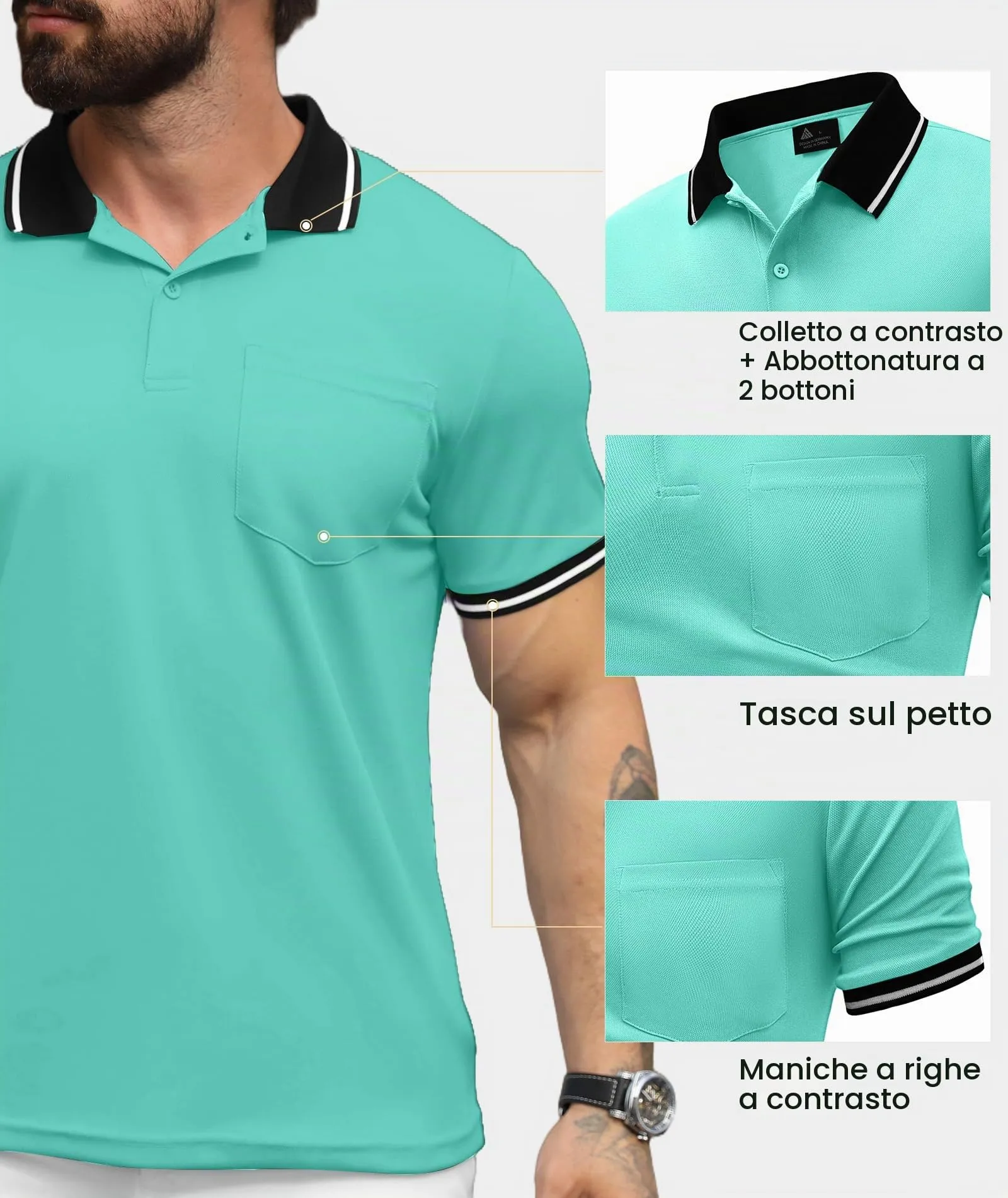 ZITY Polo Uomo Manica Corta Traspirante Blu Smeraldo M - immagine 4
