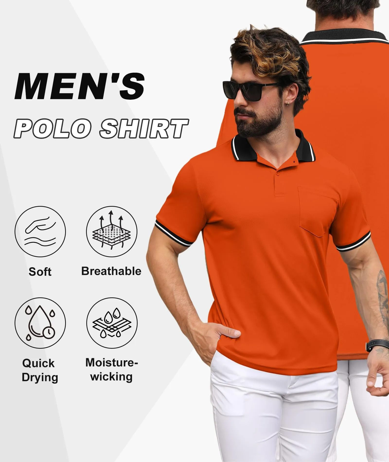 ZITY Polo Uomo Manica Corta Traspirante Arancione XXL - immagine 3
