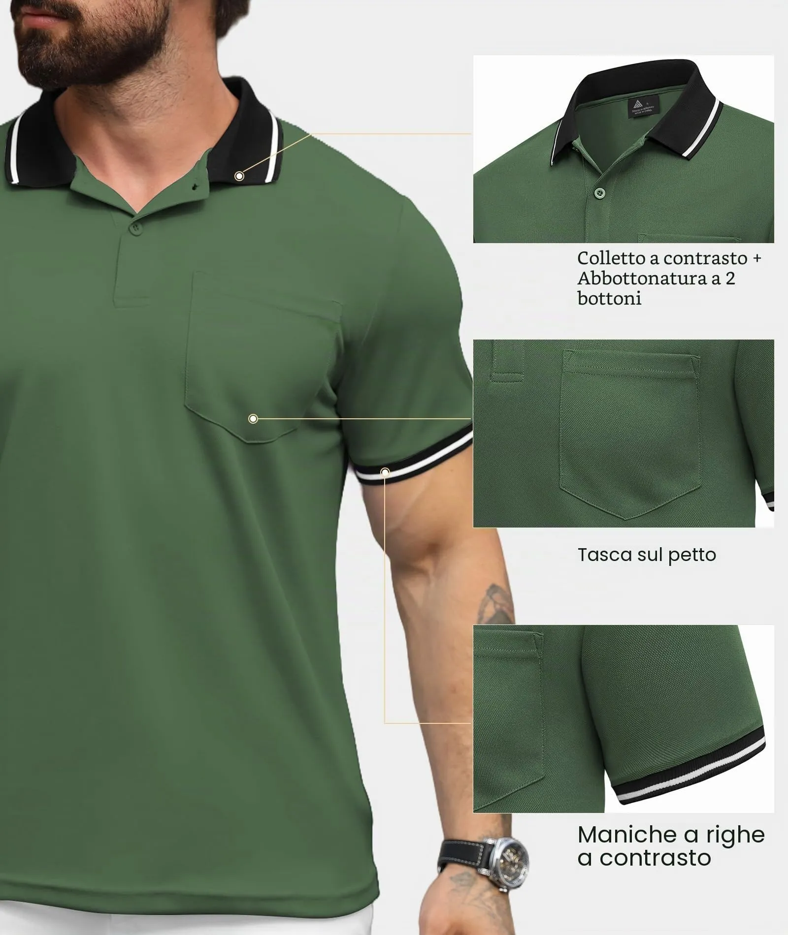 ZITY Polo Uomo Manica Corta Traspirante Verde Militare XXL - immagine 4