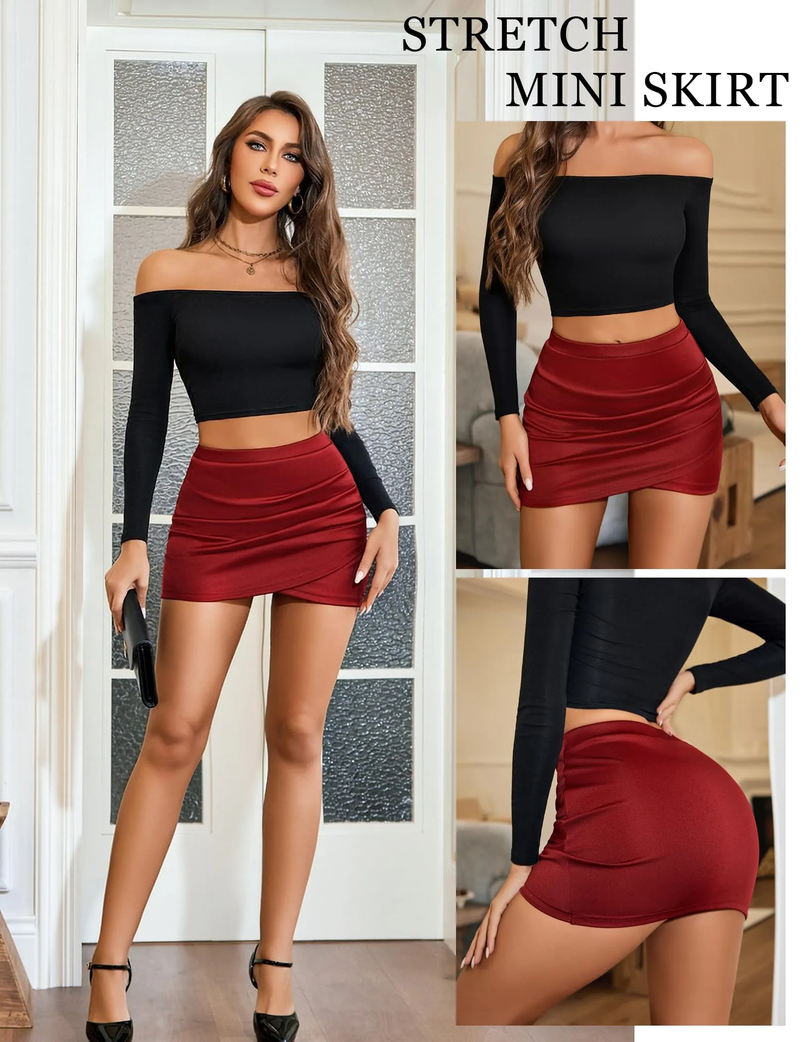 Avidlove Minigonna a Tubino Elasticizzata da Donna, Rosso Vino, L - immagine 4