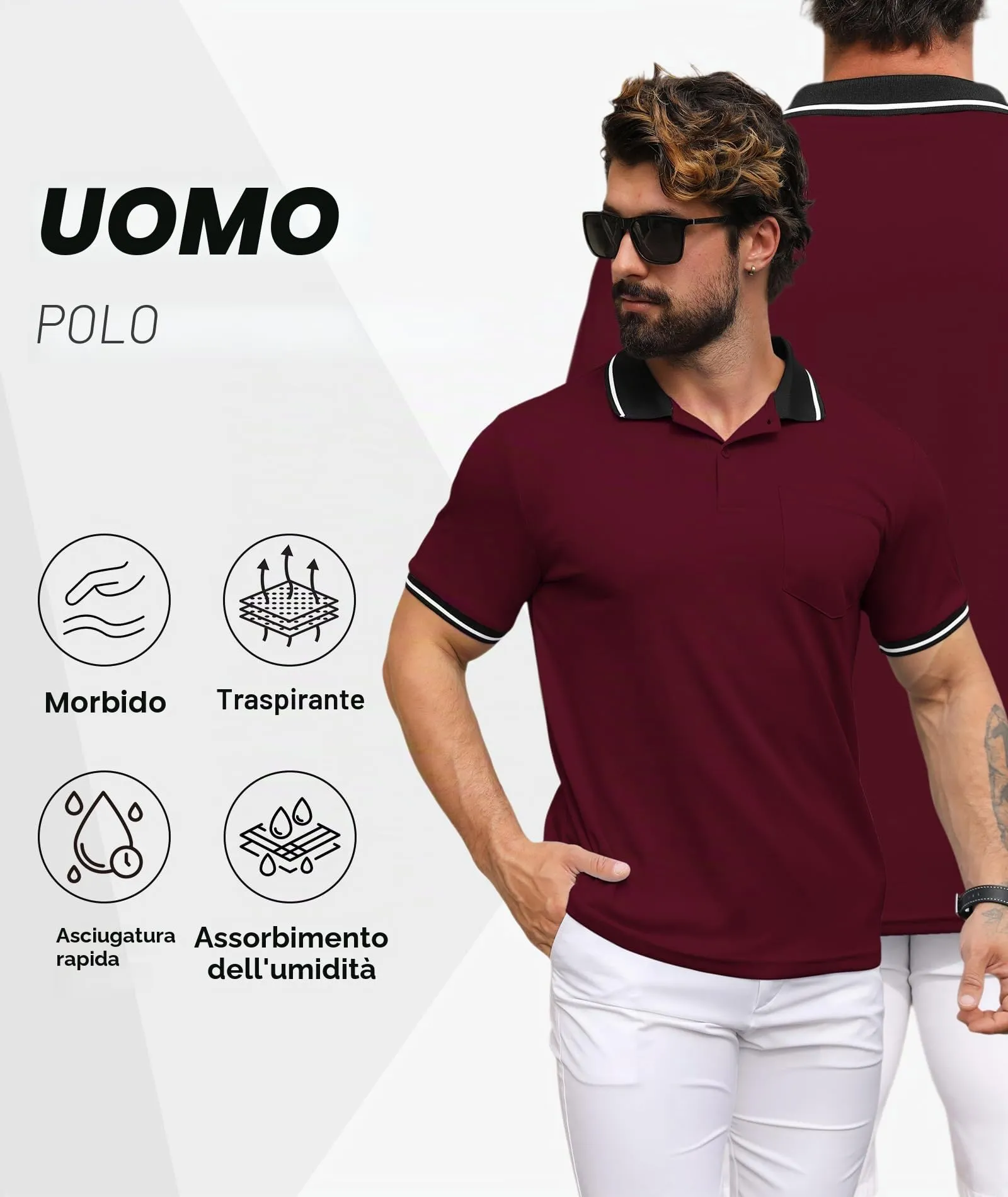 ZITY Polo Uomo Manica Corta Traspirante Borgogna L - immagine 3