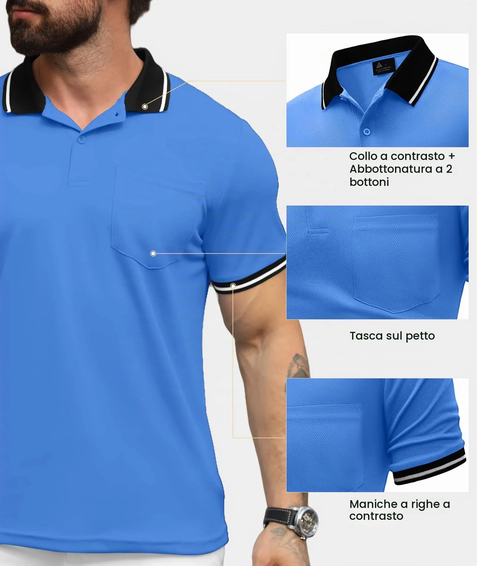 ZITY Polo Uomo Manica Corta Traspirante Azzurro L - immagine 4