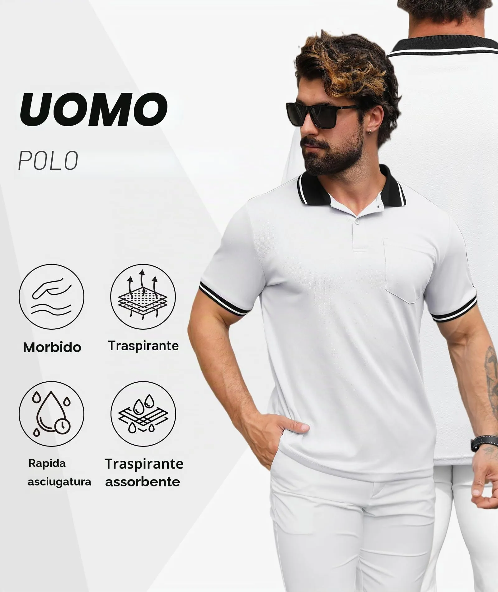 ZITY Polo Uomo Manica Corta Traspirante Bianco M - immagine 3