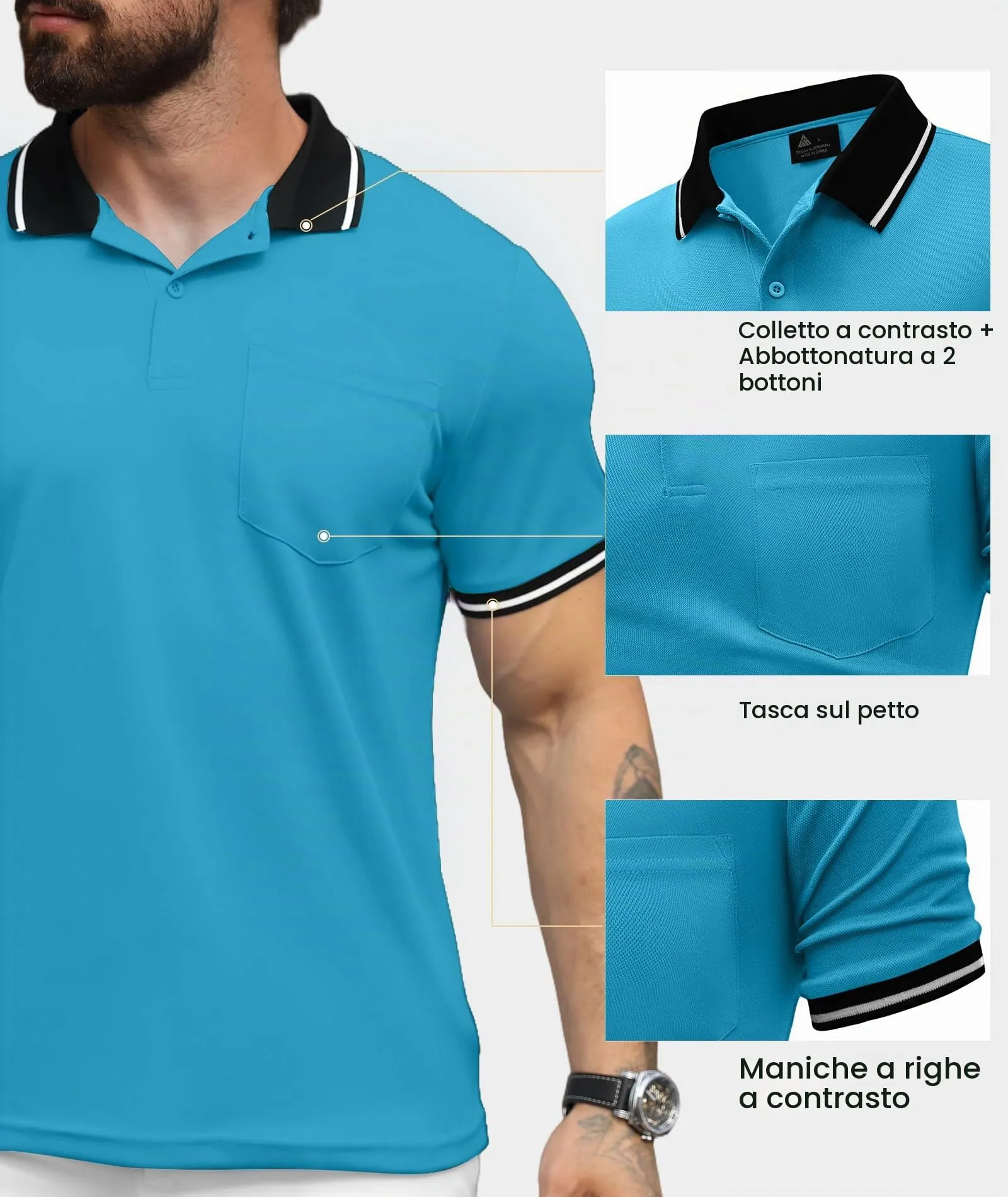 ZITY Polo Uomo Manica Corta Traspirante Blu-Verde L - immagine 4