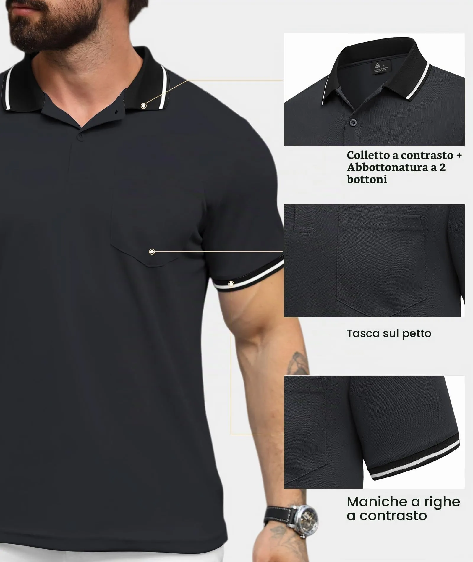 ZITY Polo Uomo Manica Corta Traspirante Grigio Scuro M - immagine 4