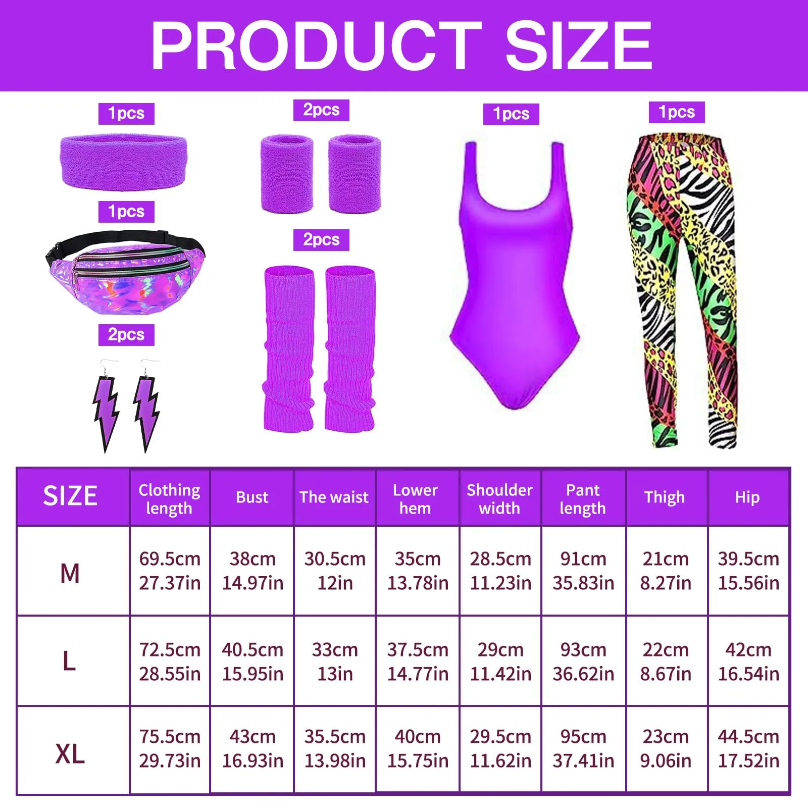 DAZZTIME Costume Anni 80 e 90 Donna Set Accessori Discoteca con Marsupio e Leggings, Viola, Taglia M - immagine 2