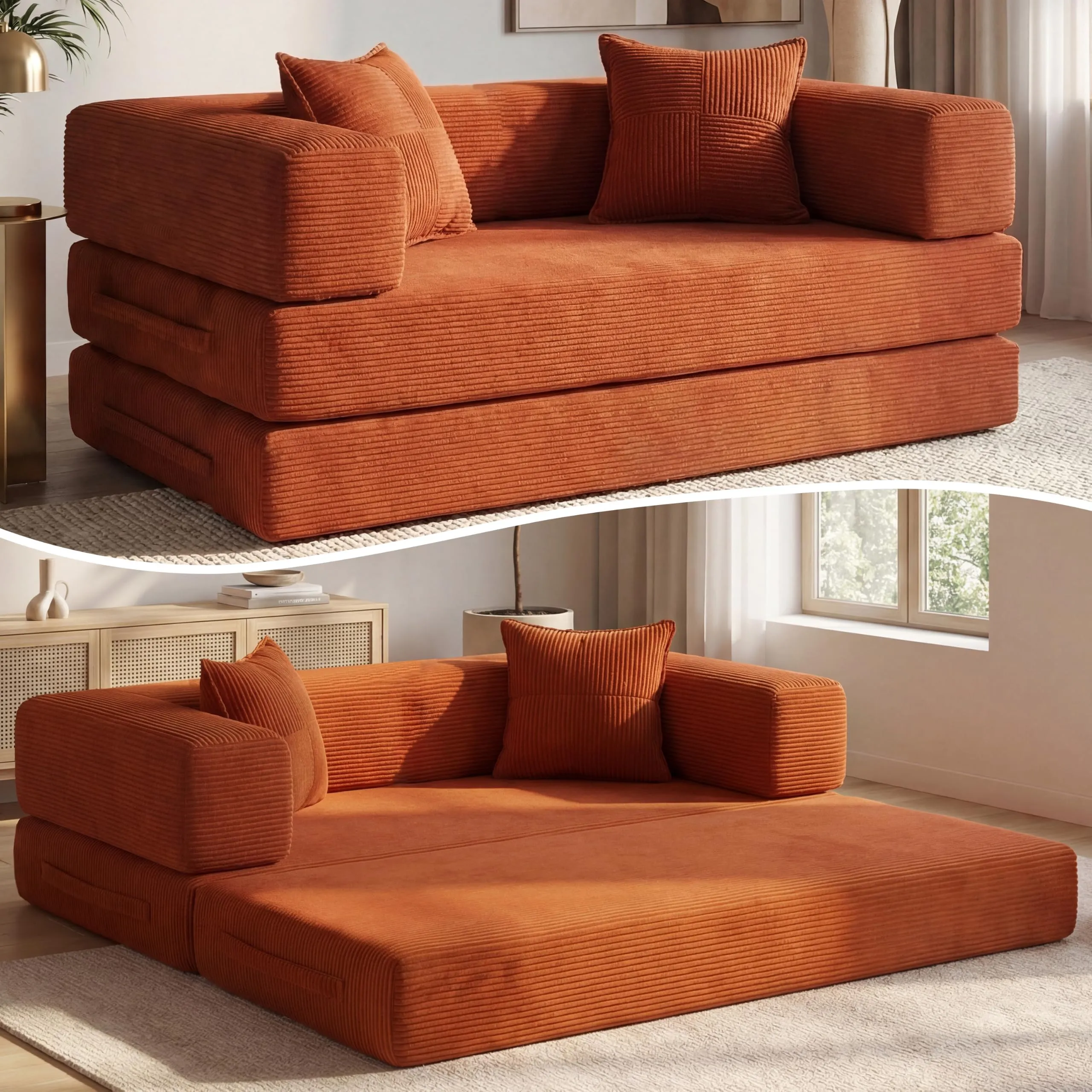 Vipbear Divano Letto Velluto a Coste 5-in-1, 160×90×70 cm, Arancione - immagine 1