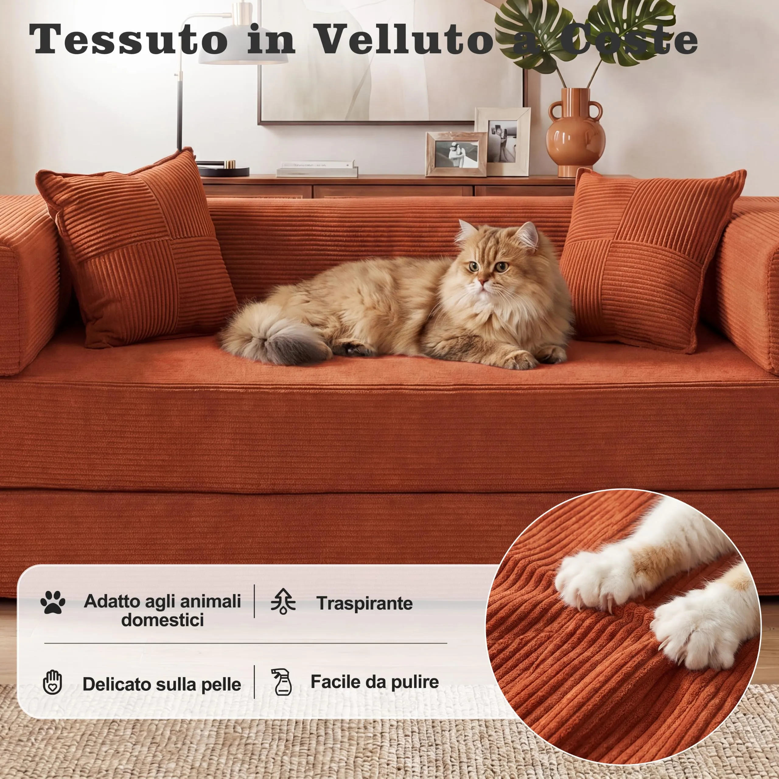 Vipbear Divano Letto Velluto a Coste 5-in-1, 160×90×70 cm, Arancione - immagine 4