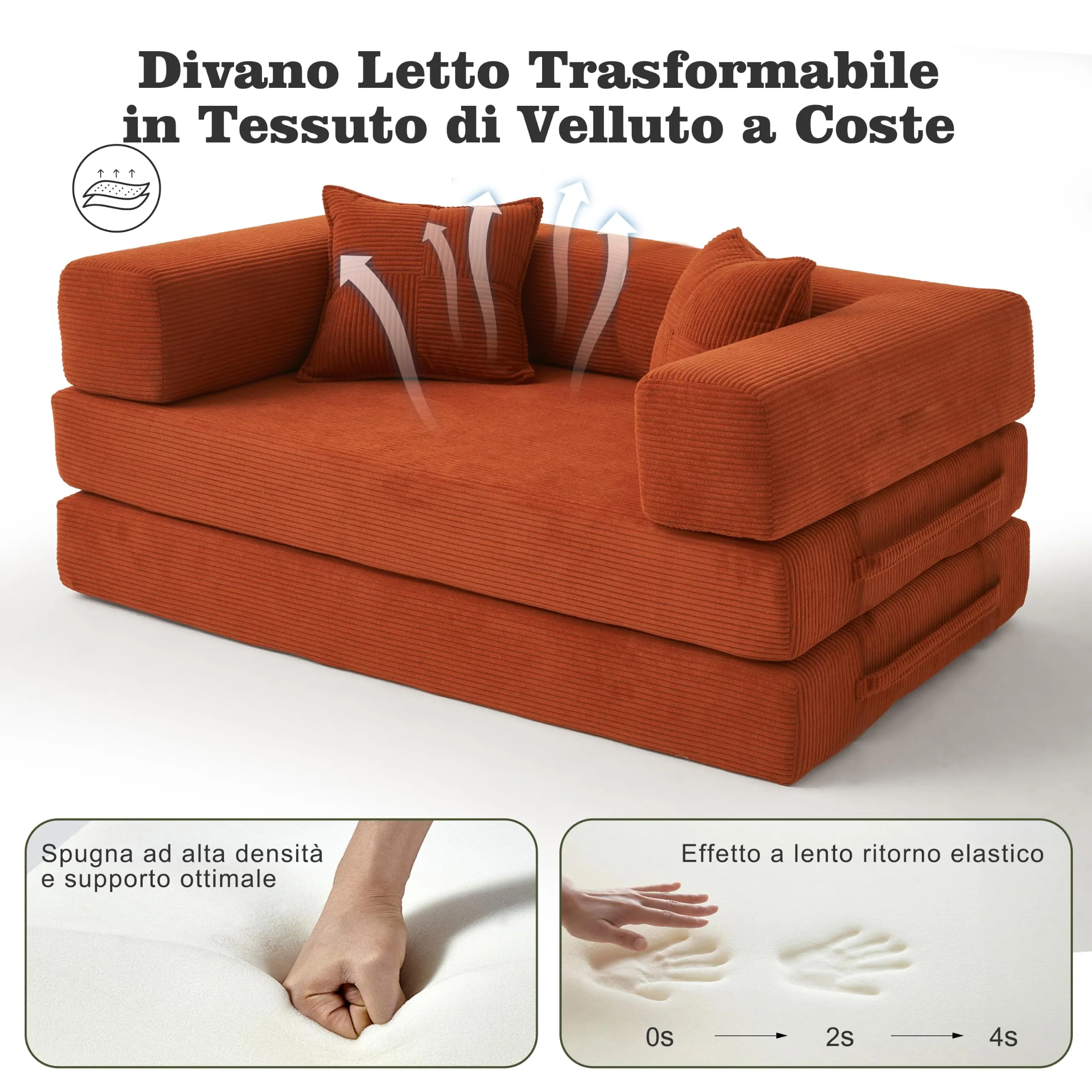 Vipbear Divano Letto Velluto a Coste 5-in-1, 160×90×70 cm, Arancione - immagine 5