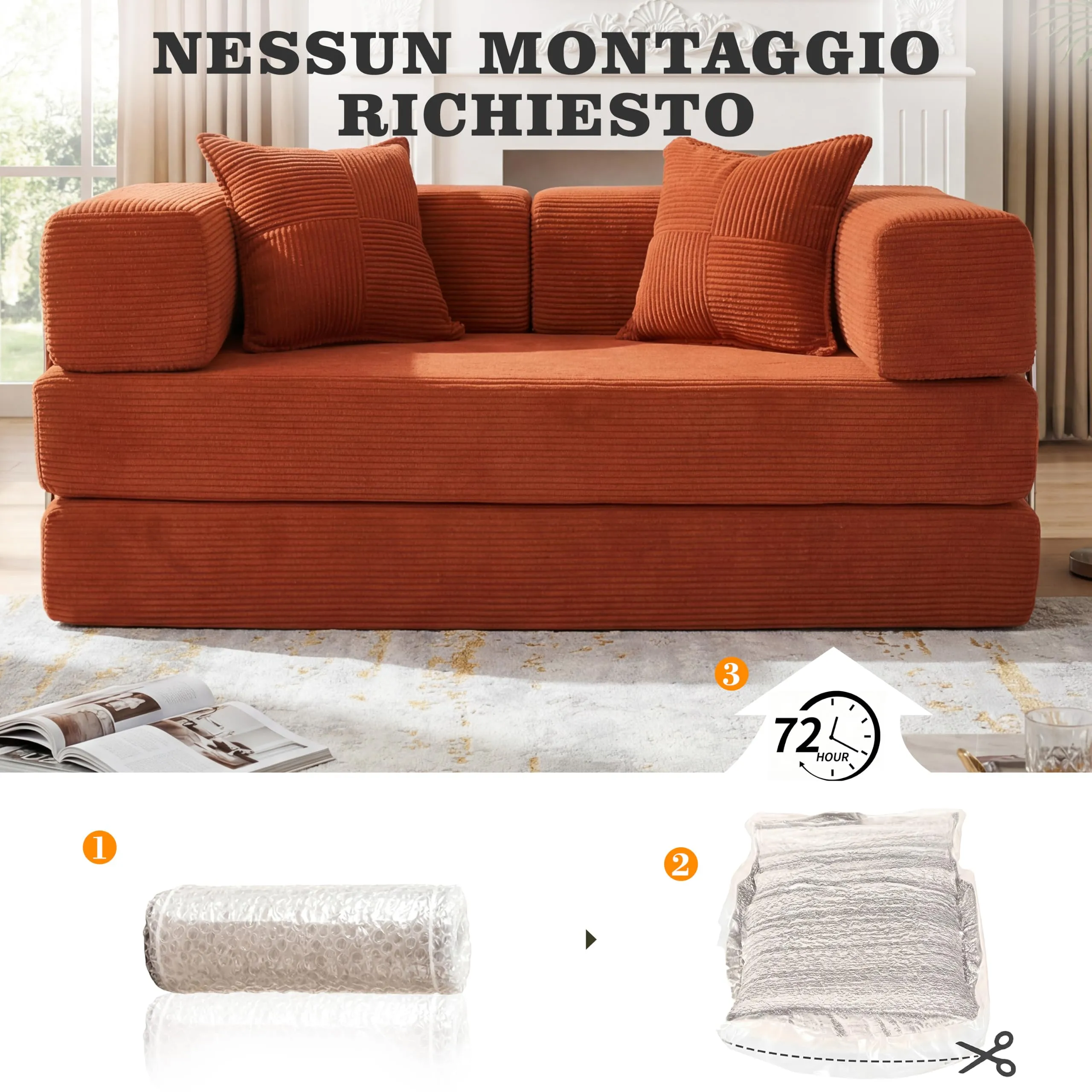 Vipbear Divano Letto Velluto a Coste 5-in-1, 160×90×70 cm, Arancione - immagine 8