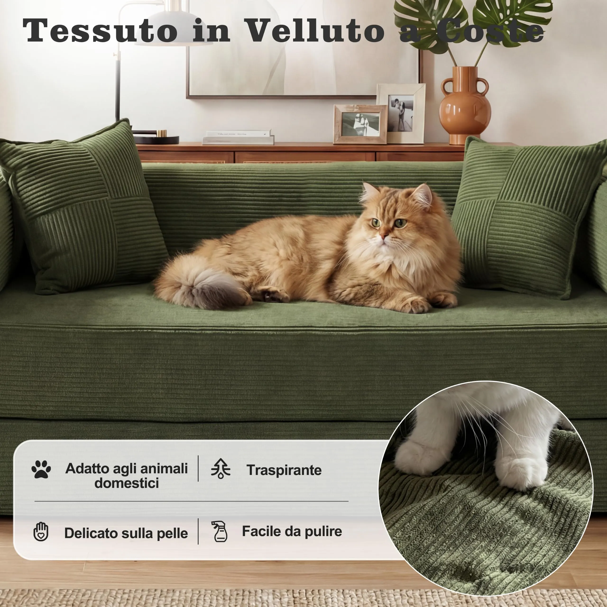 Vipbear Divano Letto 5-in-1 in Velluto a Coste, 200×100×70 cm, Verde - immagine 4