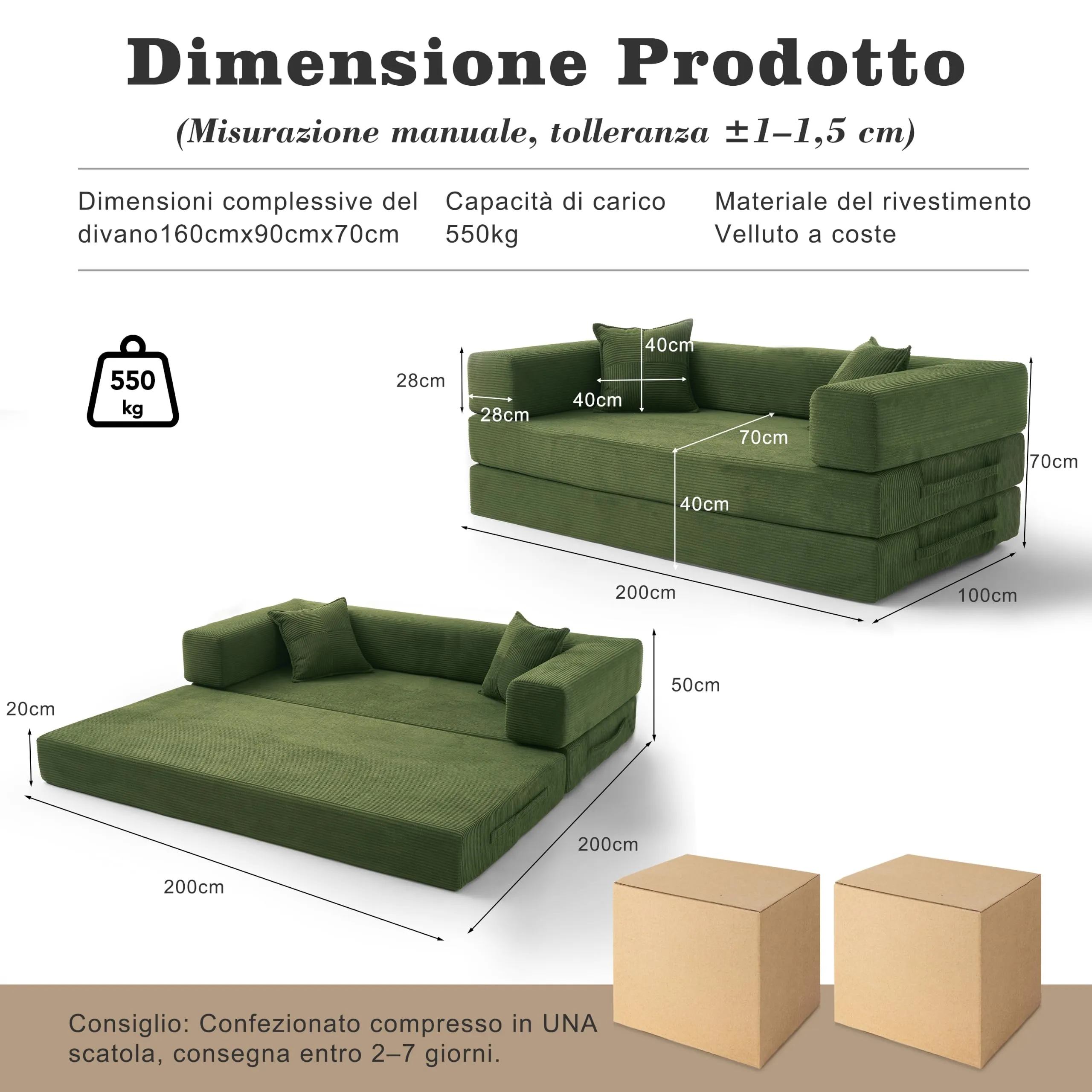 Vipbear Divano Letto 5-in-1 in Velluto a Coste, 200×100×70 cm, Verde - immagine 7