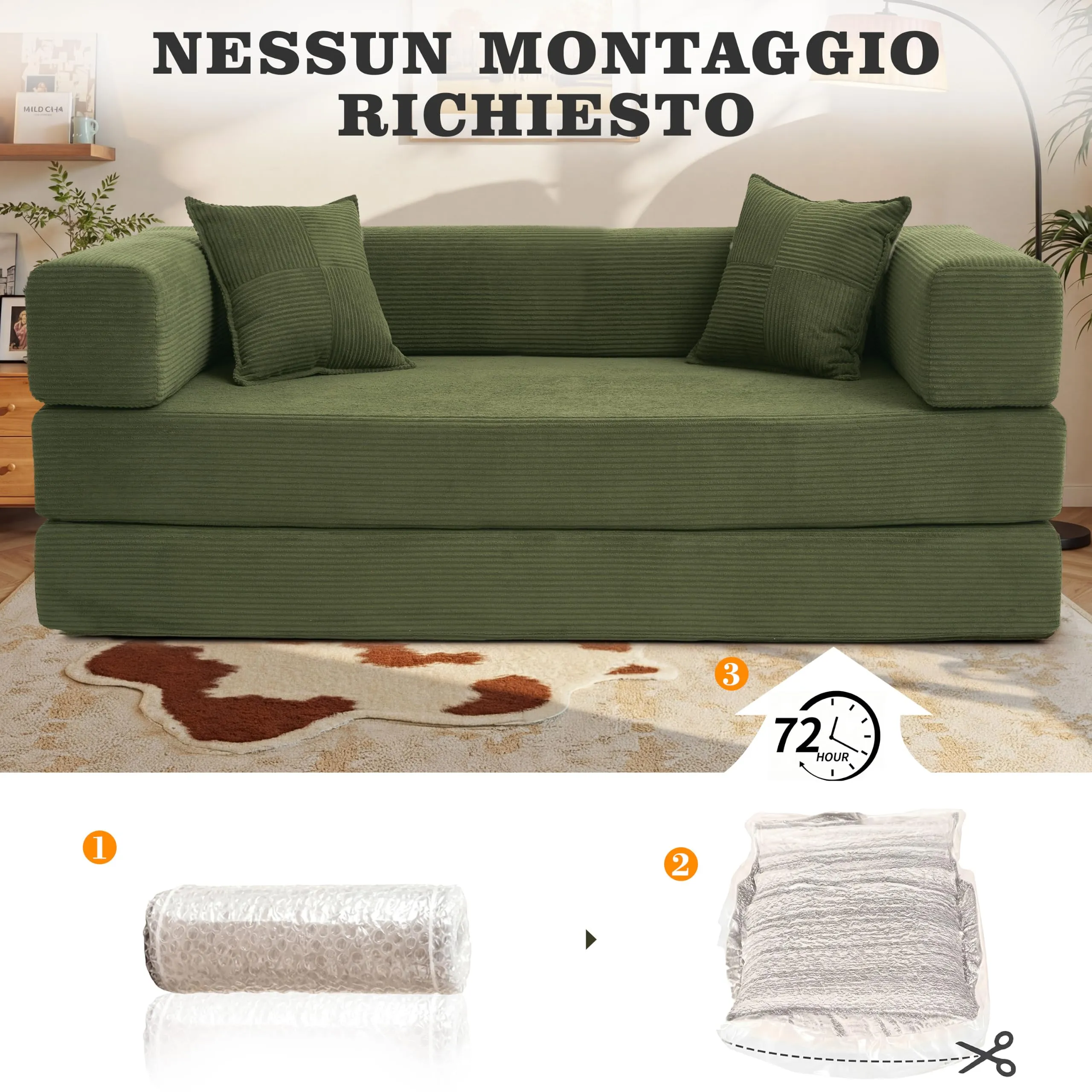 Vipbear Divano Letto 5-in-1 in Velluto a Coste, 200×100×70 cm, Verde - immagine 8