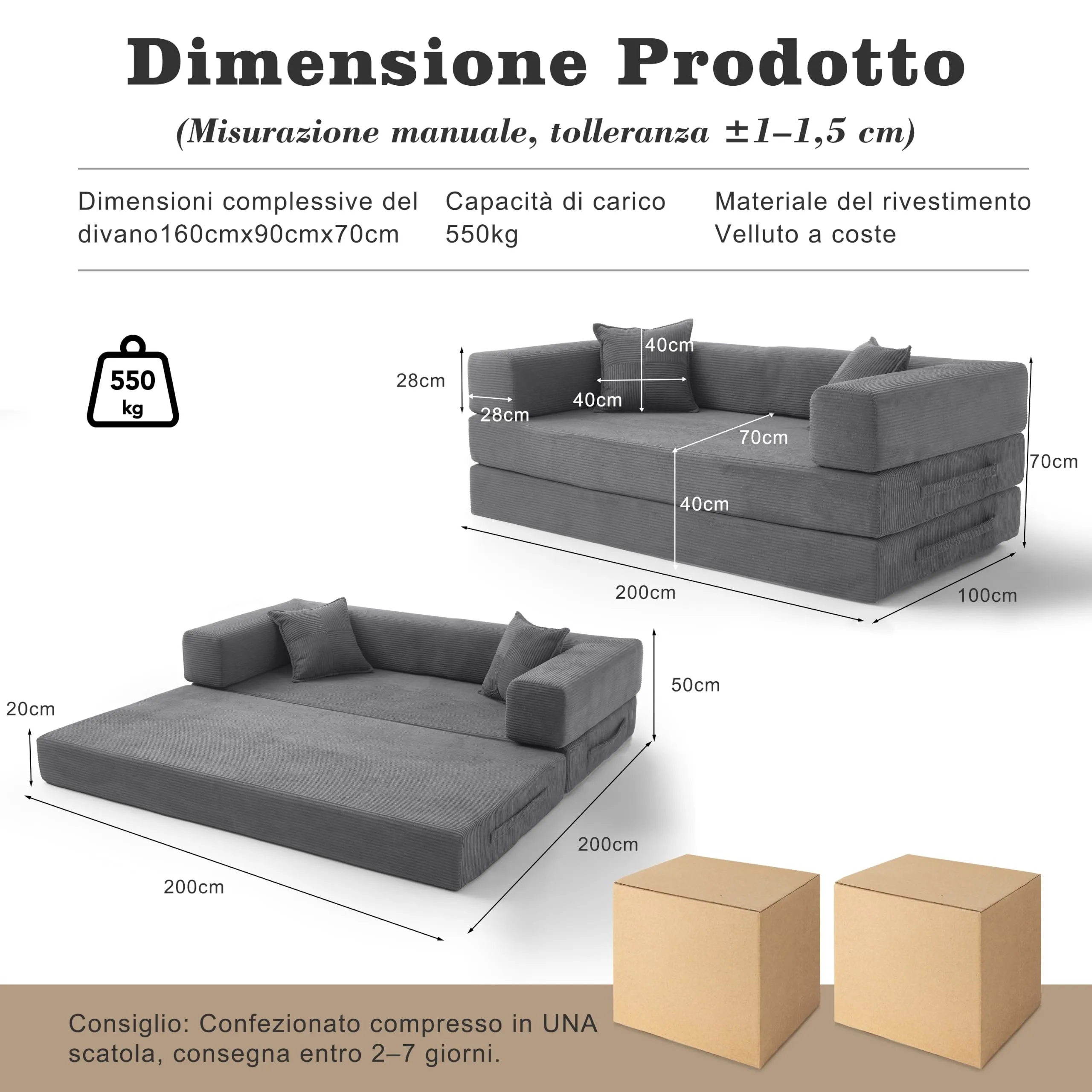 Vipbear Divano Letto in Velluto a Coste 200×100×70 cm, Trasformabile 5-in-1, Grigio - immagine 2