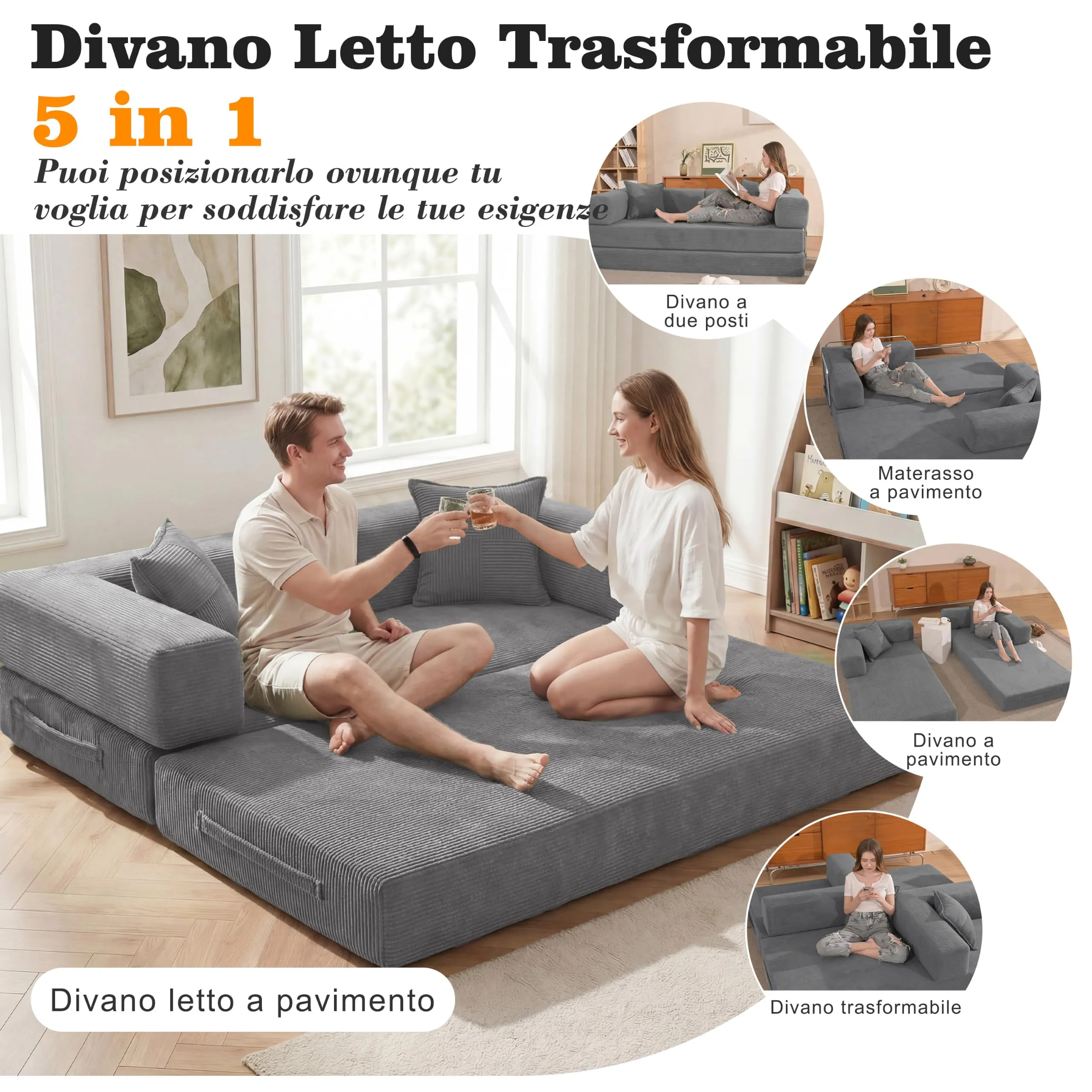 Vipbear Divano Letto in Velluto a Coste 200×100×70 cm, Trasformabile 5-in-1, Grigio - immagine 4