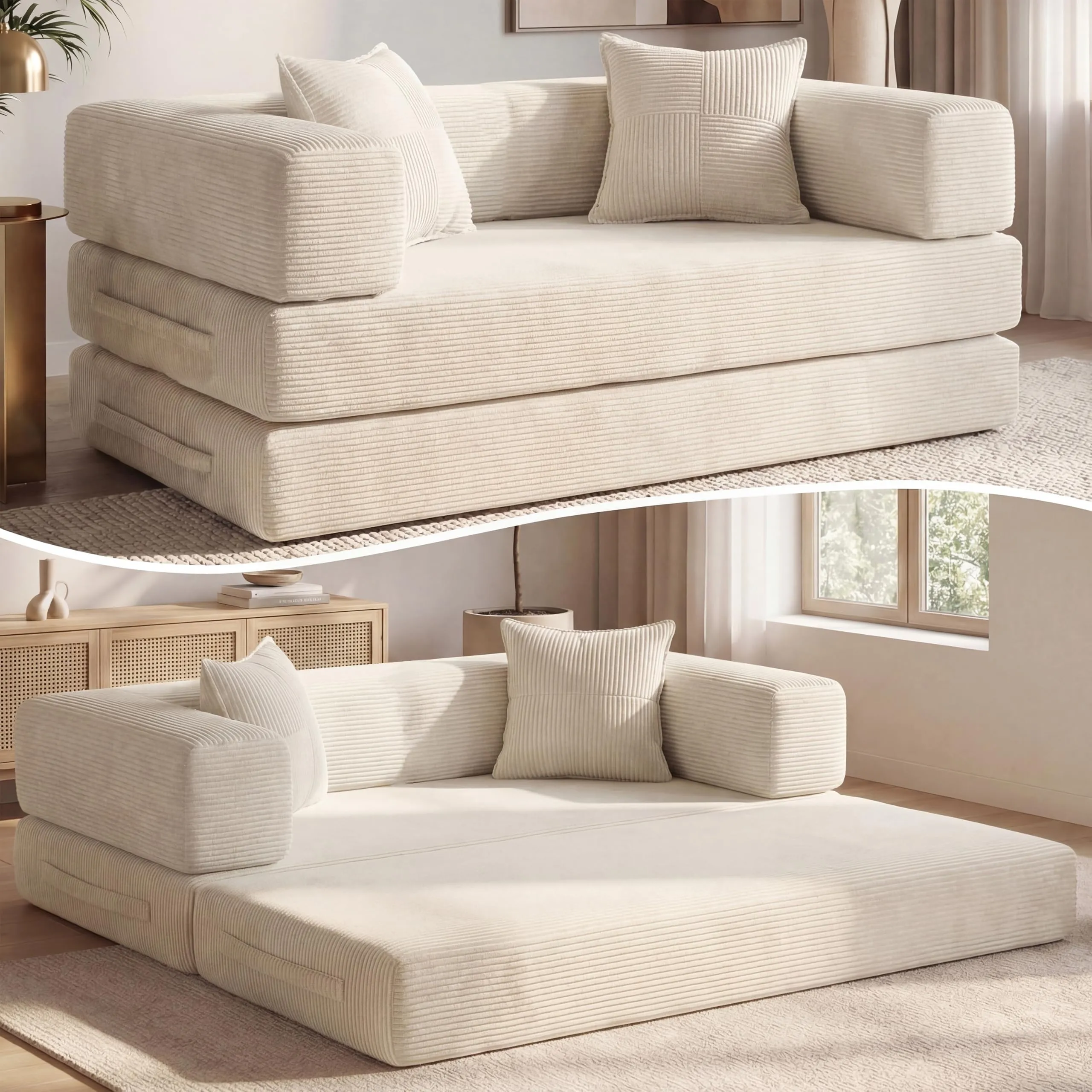 Vipbear Divano Letto in Velluto a Coste 5-in-1, 200×100×70 cm, Bianco - immagine 1