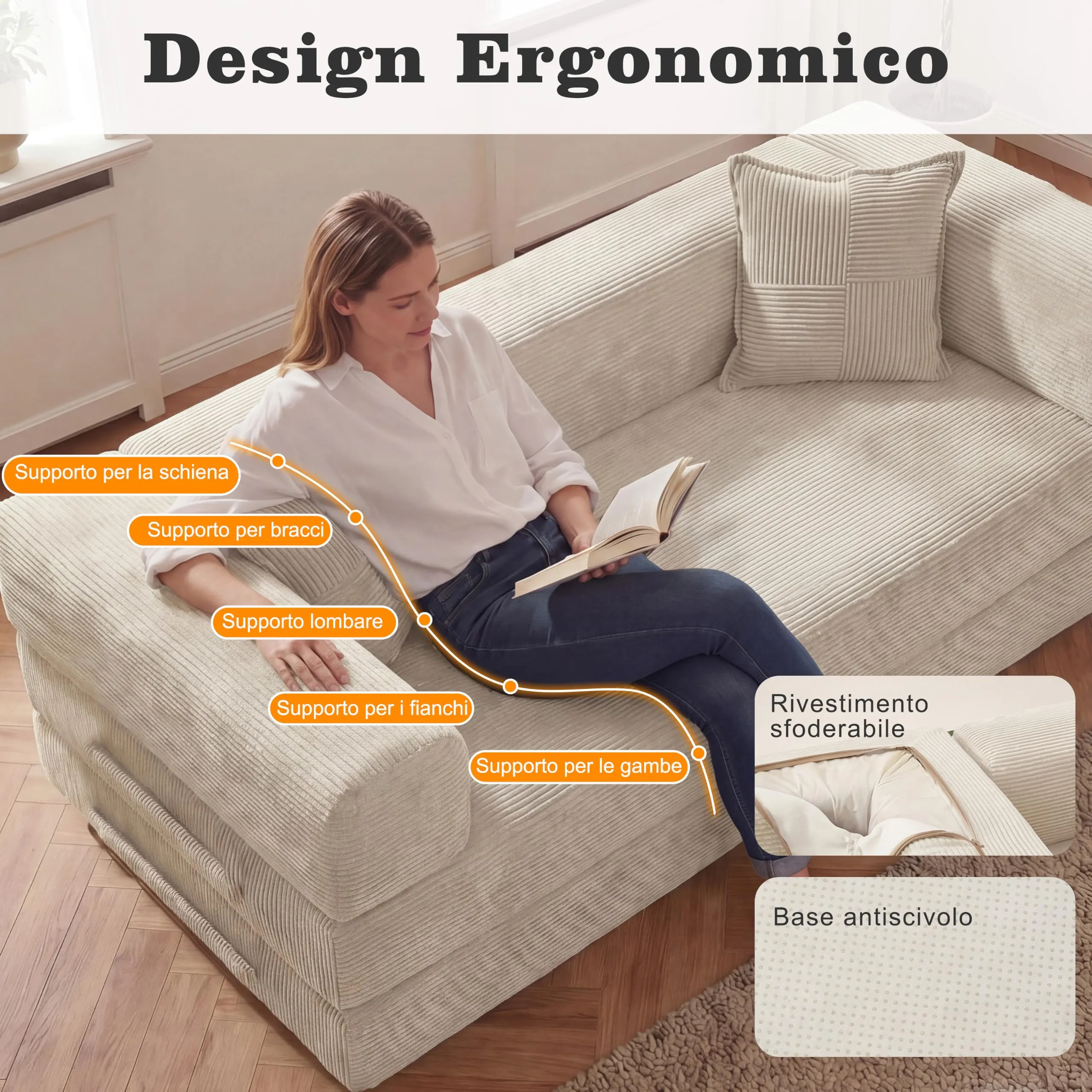 Vipbear Divano Letto in Velluto a Coste 5-in-1, 200×100×70 cm, Bianco - immagine 2