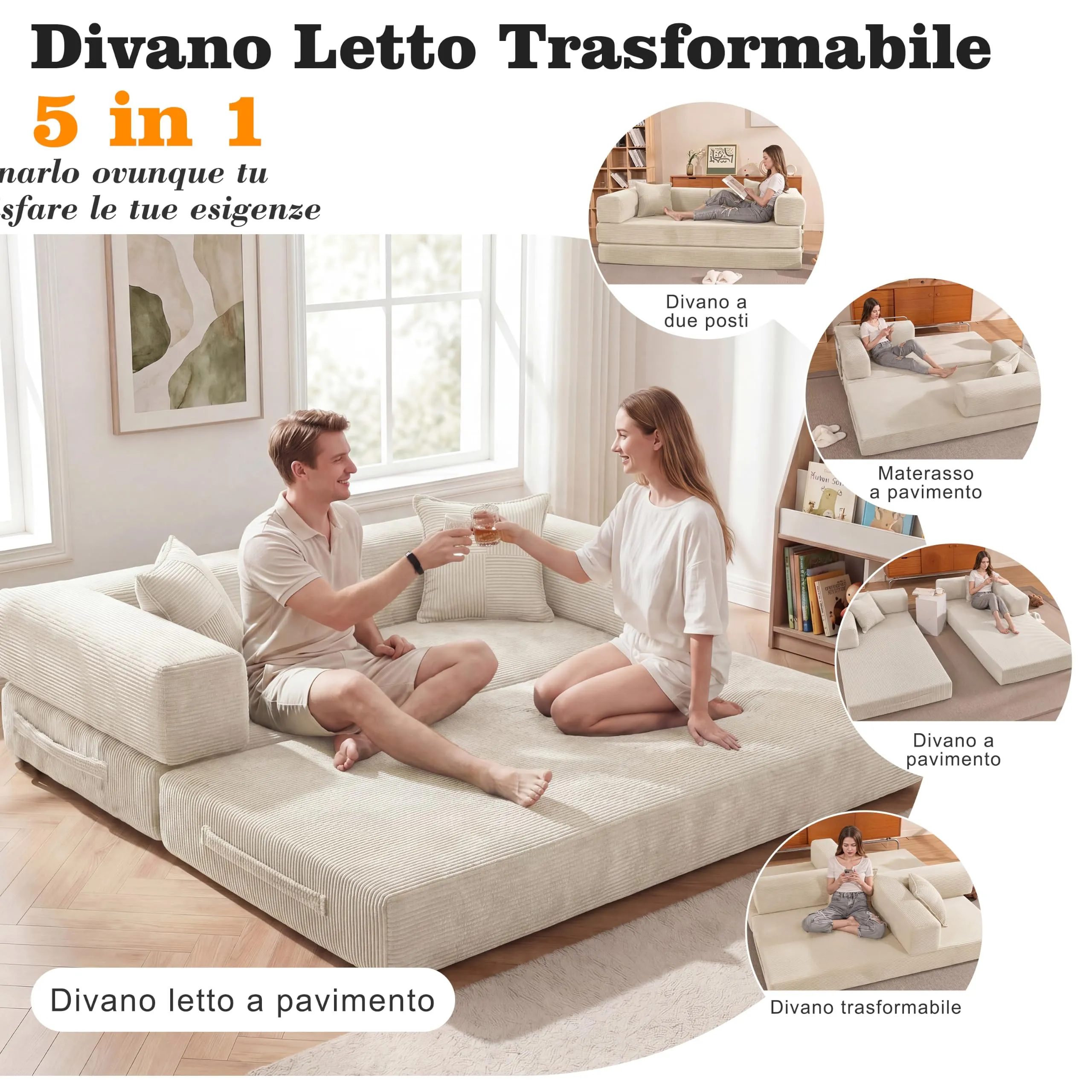 Vipbear Divano Letto in Velluto a Coste 5-in-1, 200×100×70 cm, Bianco - immagine 3