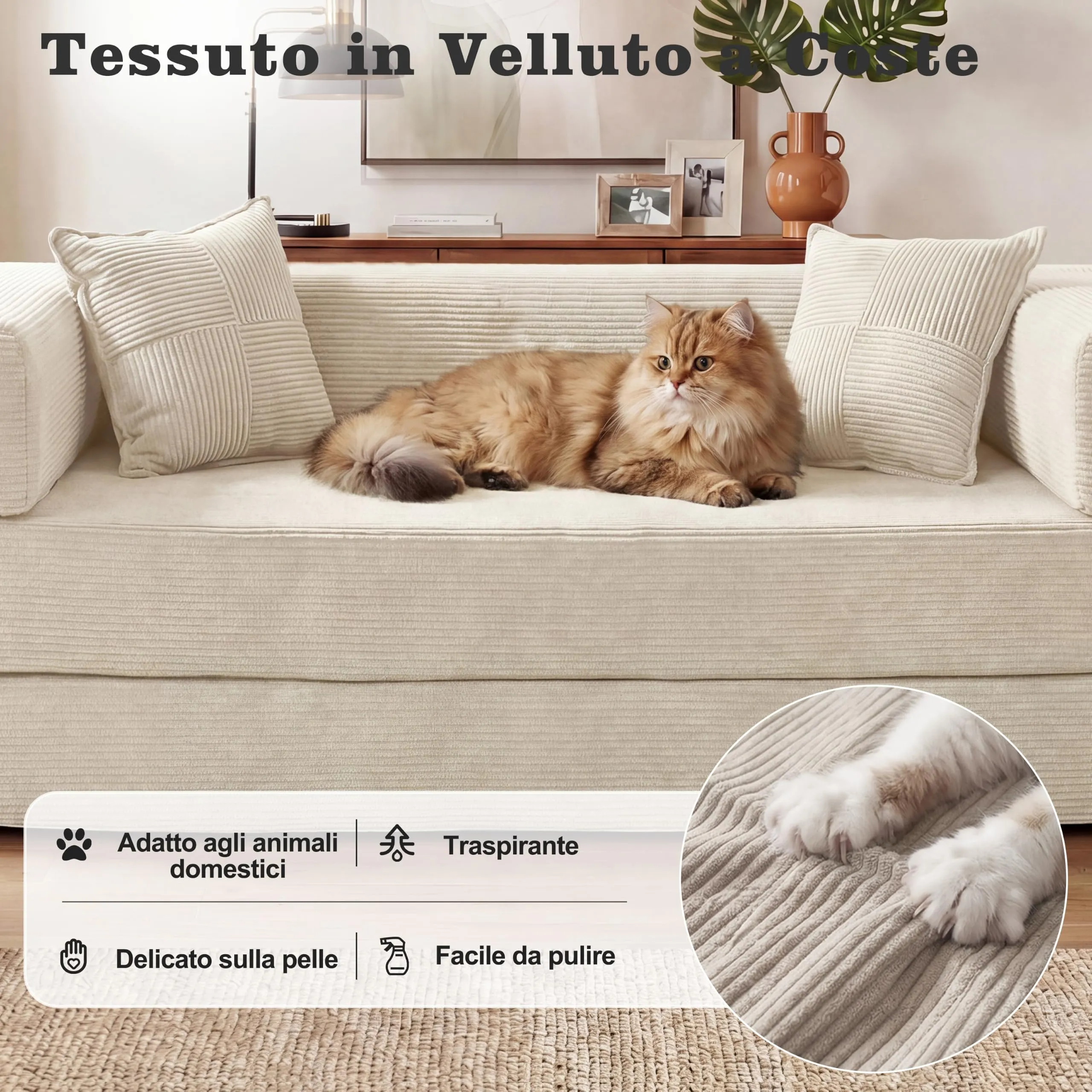 Vipbear Divano Letto in Velluto a Coste 5-in-1, 200×100×70 cm, Bianco - immagine 4