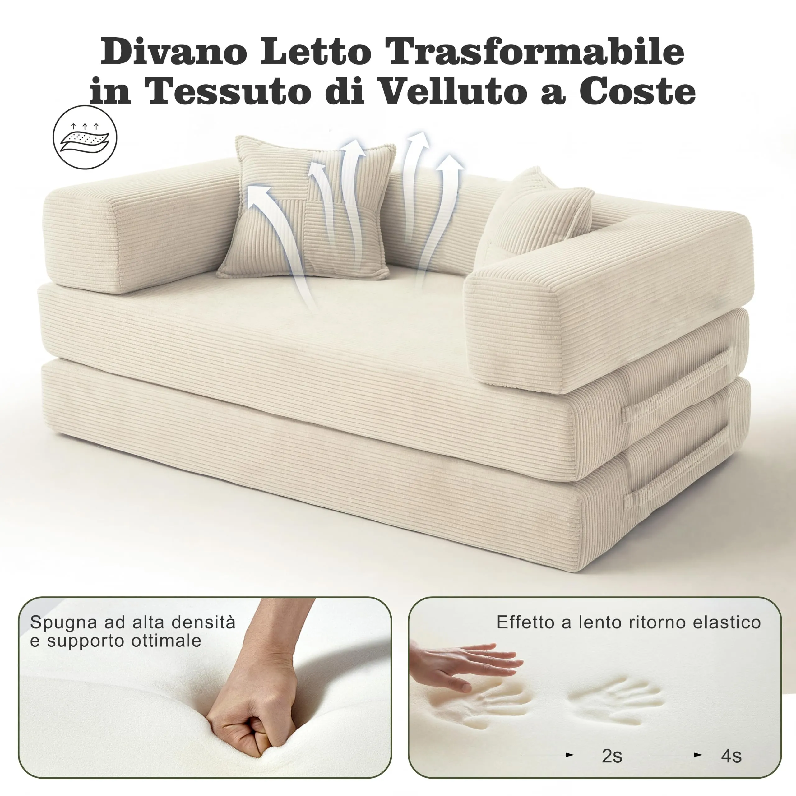 Vipbear Divano Letto in Velluto a Coste 5-in-1, 200×100×70 cm, Bianco - immagine 5