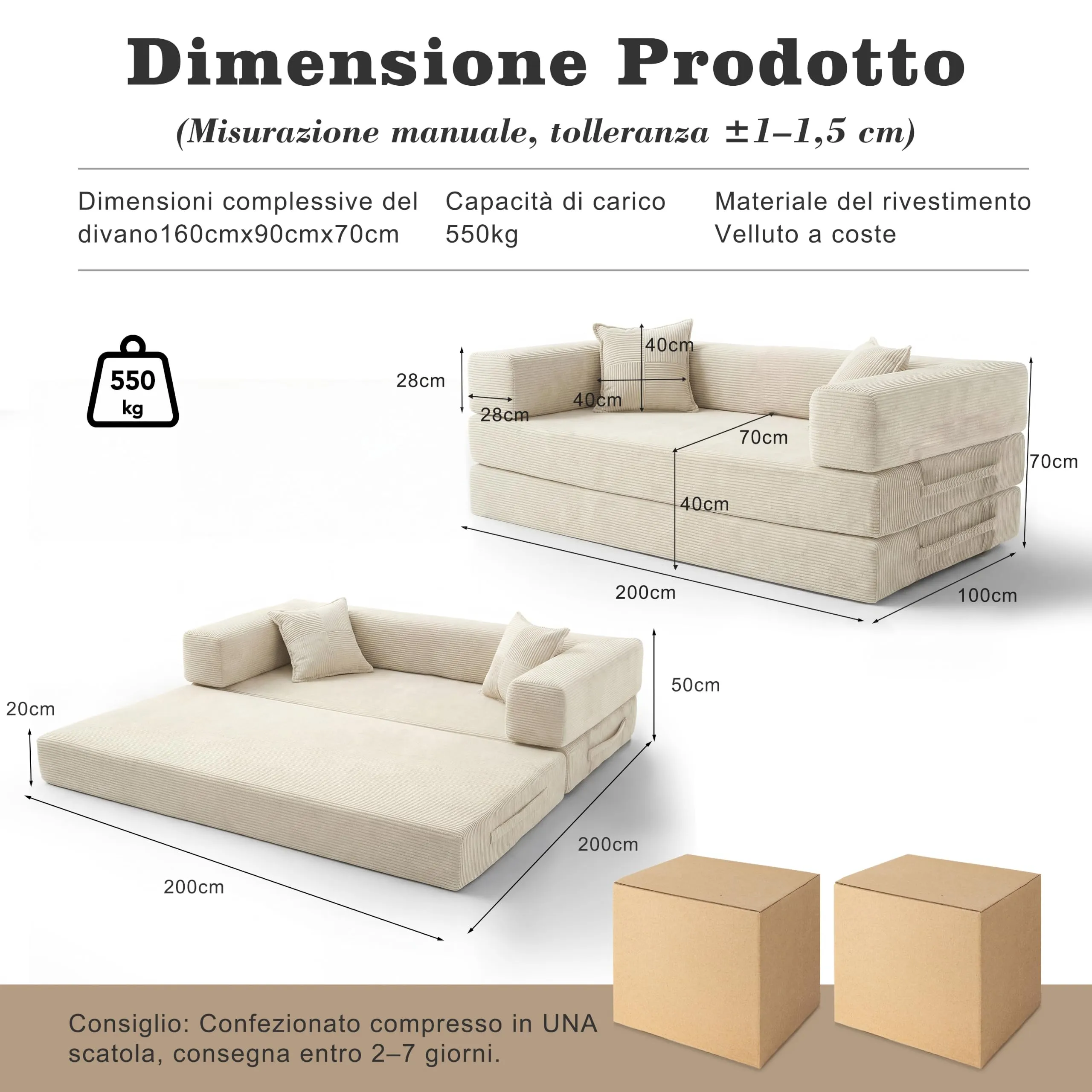 Vipbear Divano Letto in Velluto a Coste 5-in-1, 200×100×70 cm, Bianco - immagine 7
