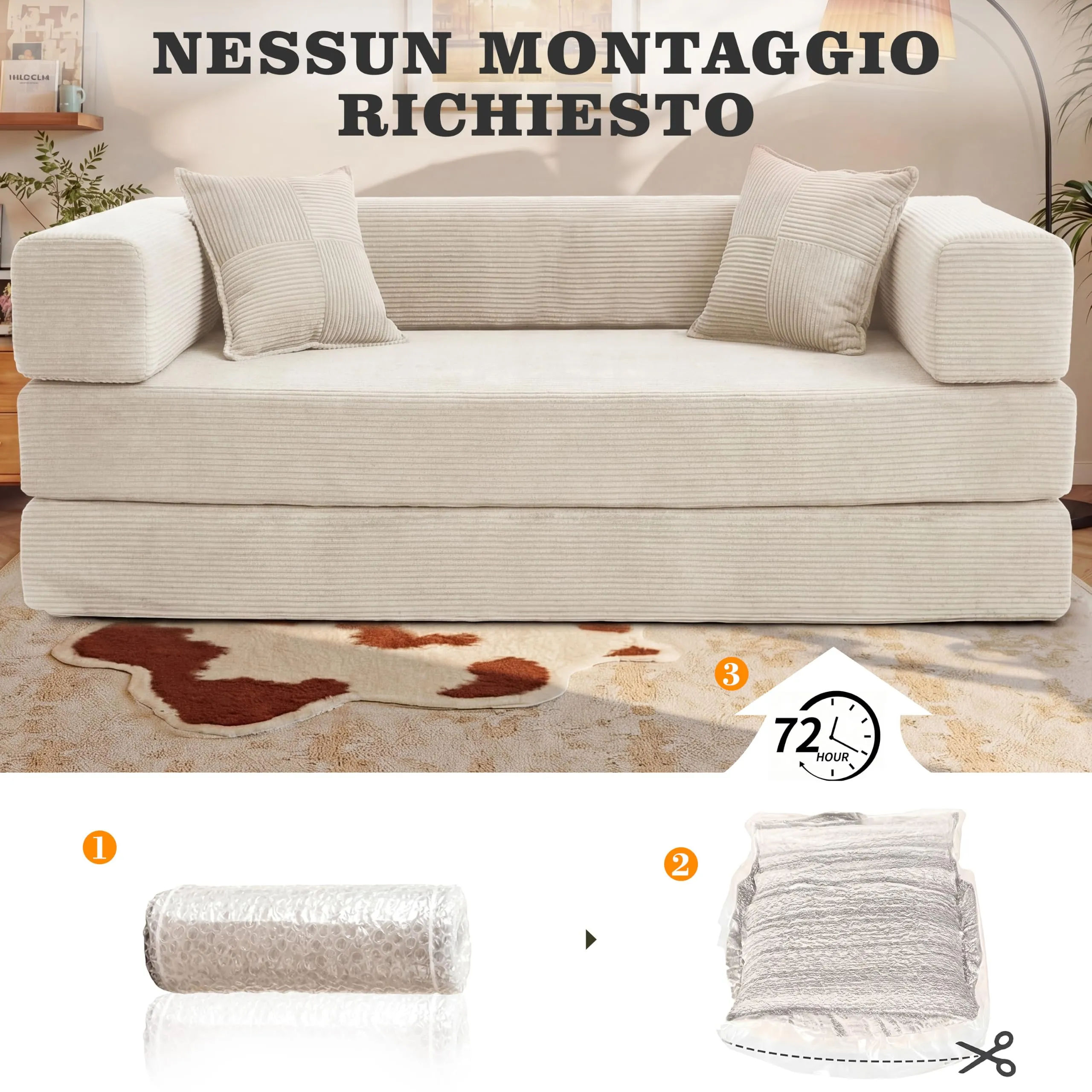 Vipbear Divano Letto in Velluto a Coste 5-in-1, 200×100×70 cm, Bianco - immagine 8