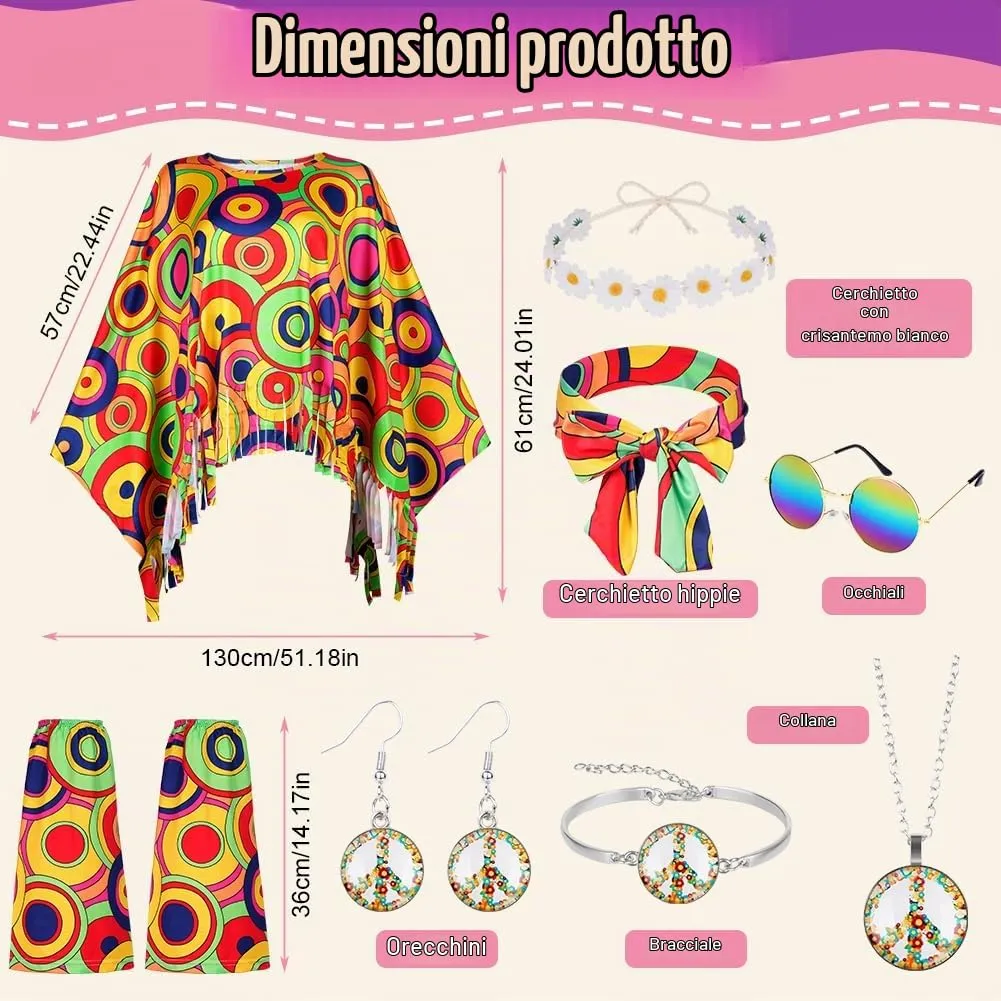 AOOWU Costume Hippie Donna, Set 10 Pezzi Accessori Stile Vintage Anni 70 - immagine 2