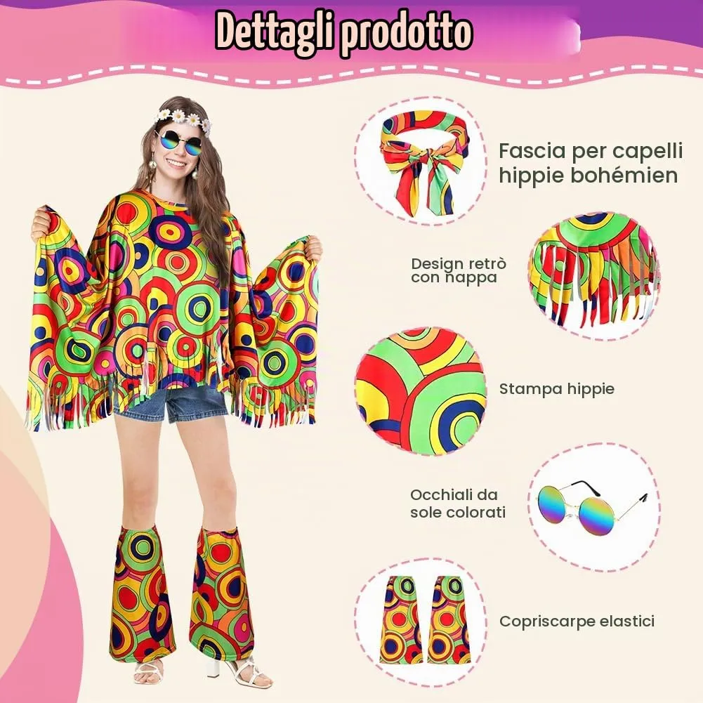 AOOWU Costume Hippie Donna, Set 10 Pezzi Accessori Stile Vintage Anni 70 - immagine 3
