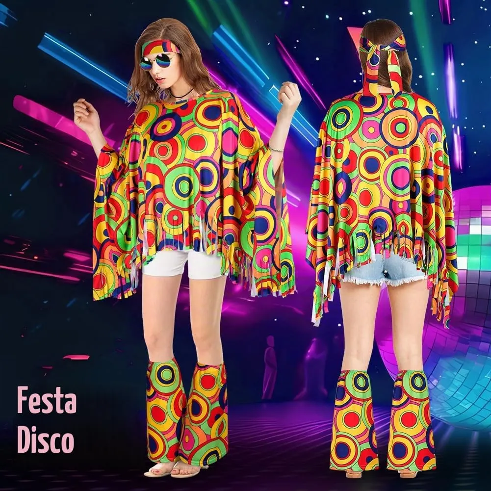 AOOWU Costume Hippie Donna, Set 10 Pezzi Accessori Stile Vintage Anni 70 - immagine 4