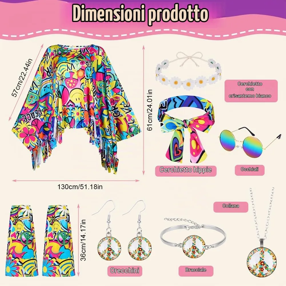 AOOWU Costume Hippie Donna, Set Accessori Stile Vintage Anni 70, 10 Pezzi - immagine 2
