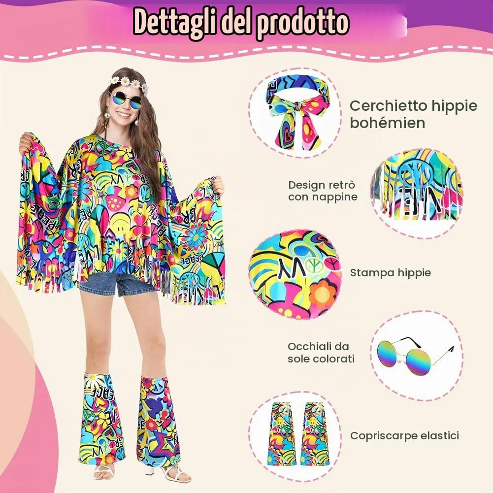 AOOWU Costume Hippie Donna, Set Accessori Stile Vintage Anni 70, 10 Pezzi - immagine 3