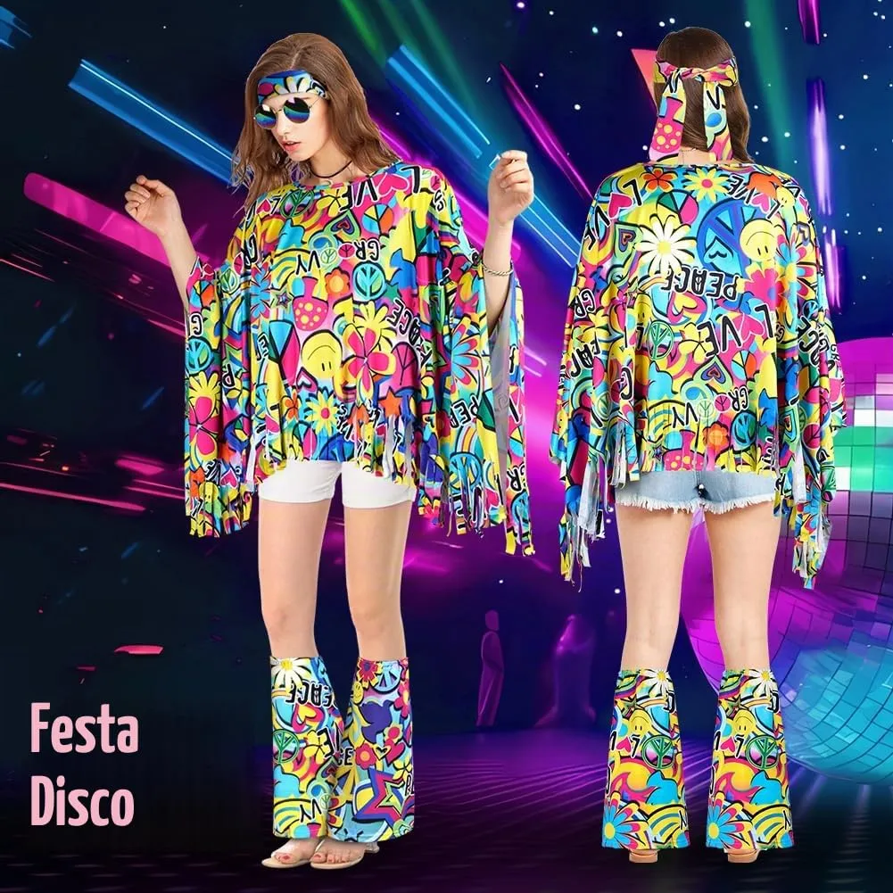 AOOWU Costume Hippie Donna, Set Accessori Stile Vintage Anni 70, 10 Pezzi - immagine 4