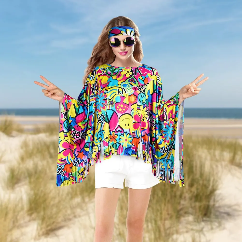 AOOWU Costume Hippie Donna, Set Accessori Stile Vintage Anni 70, 10 Pezzi - immagine 5