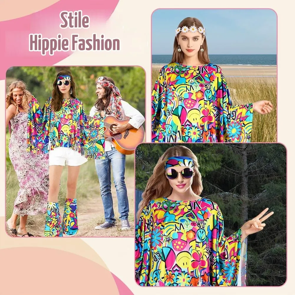 AOOWU Costume Hippie Donna, Set Accessori Stile Vintage Anni 70, 10 Pezzi - immagine 7