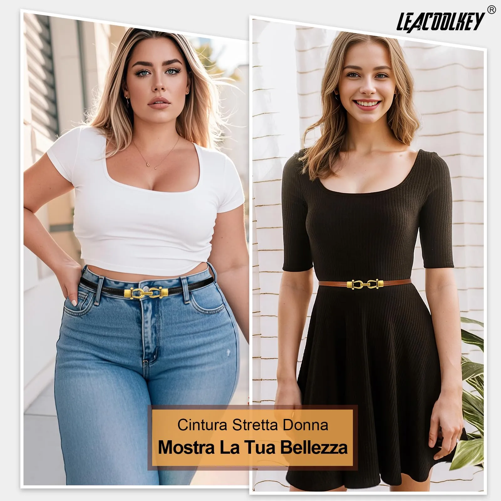 LEACOOLKEY Cintura Sottile in Pelle per Donna con Fibbia Dorata Argentata - immagine 3