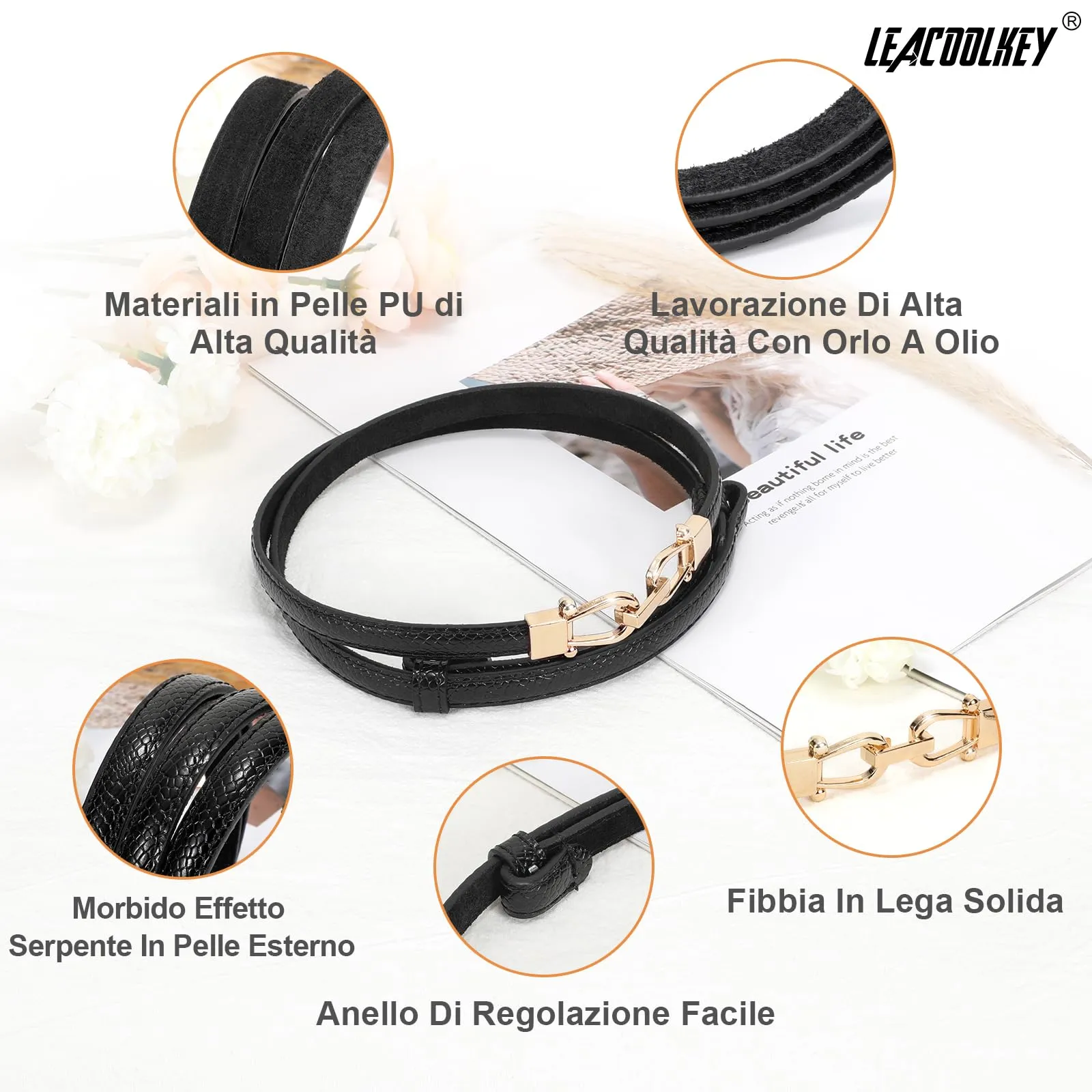 LEACOOLKEY Cintura Sottile in Pelle per Donna con Fibbia Dorata Argentata - immagine 3