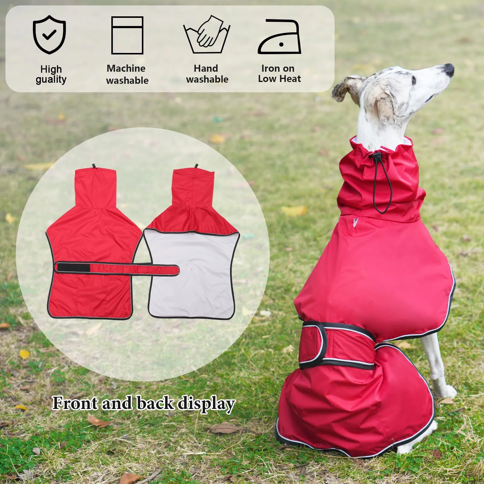 Geyecete Giacca Impermeabile per Cane, Regolabile e Leggera con Cinghie Riflettenti e Foro Pettorina, per Levrieri, Lurcher e Whippet, Rosso, XXL - immagine 5