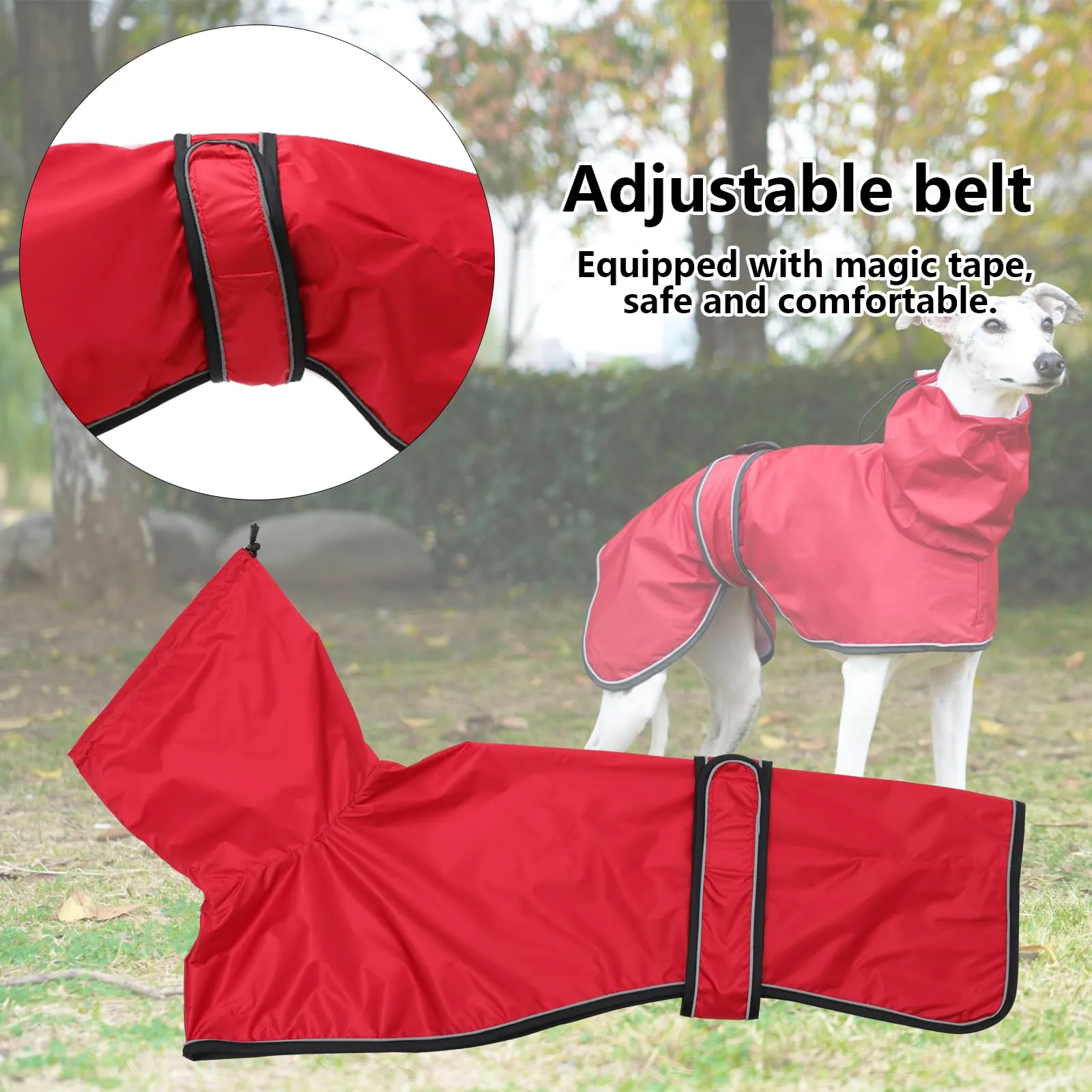 Geyecete Giacca Impermeabile per Cane, Regolabile e Leggera con Cinghie Riflettenti e Foro Pettorina per Levrieri, Lurcher e Whippet, Rosso, L - immagine 3