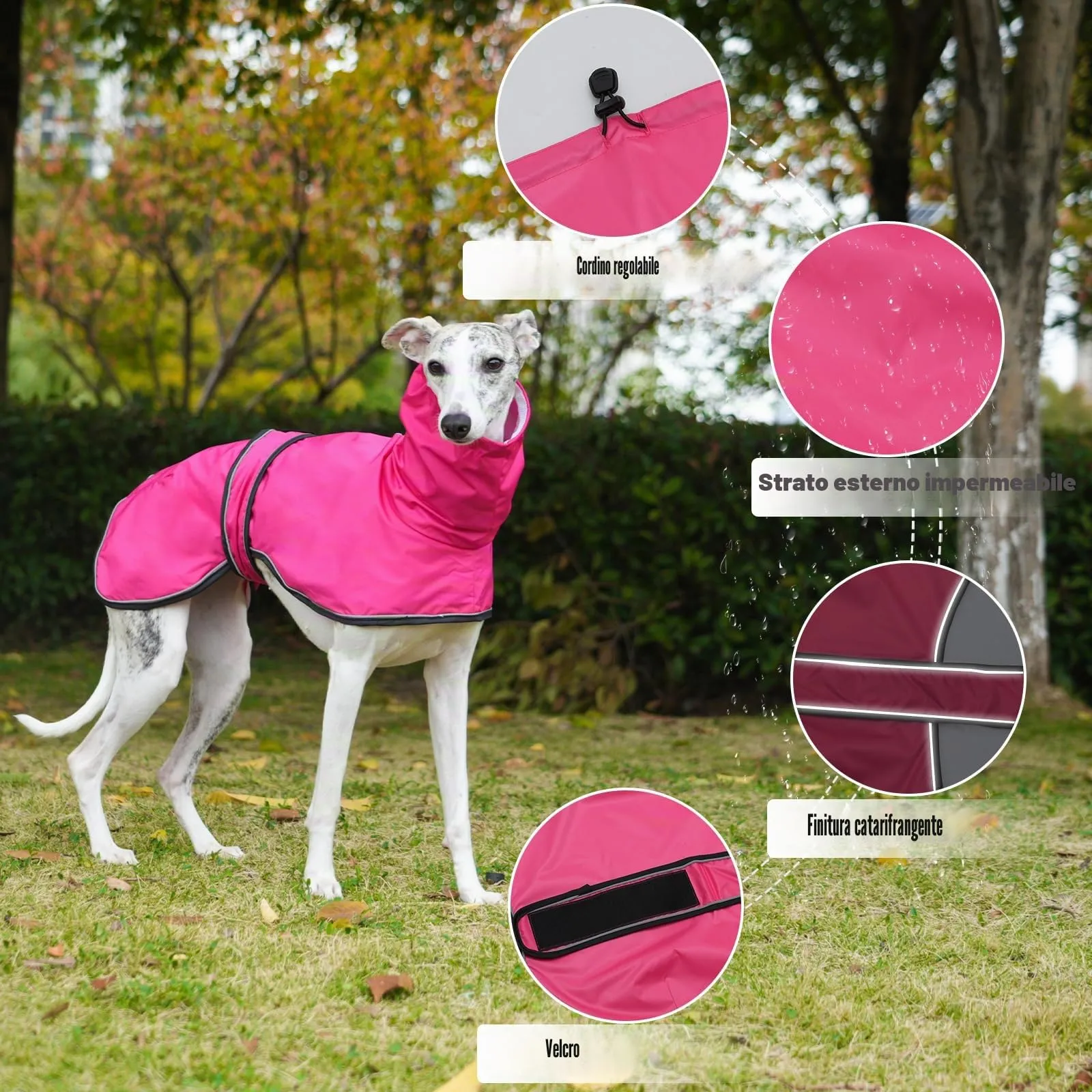 Geyecete Giacca Impermeabile per Cane Regolabile e Leggera con Cinghie Riflettenti e Foro Pettorina per Levrieri, Lurcher e Whippet - Rosa - S - immagine 2